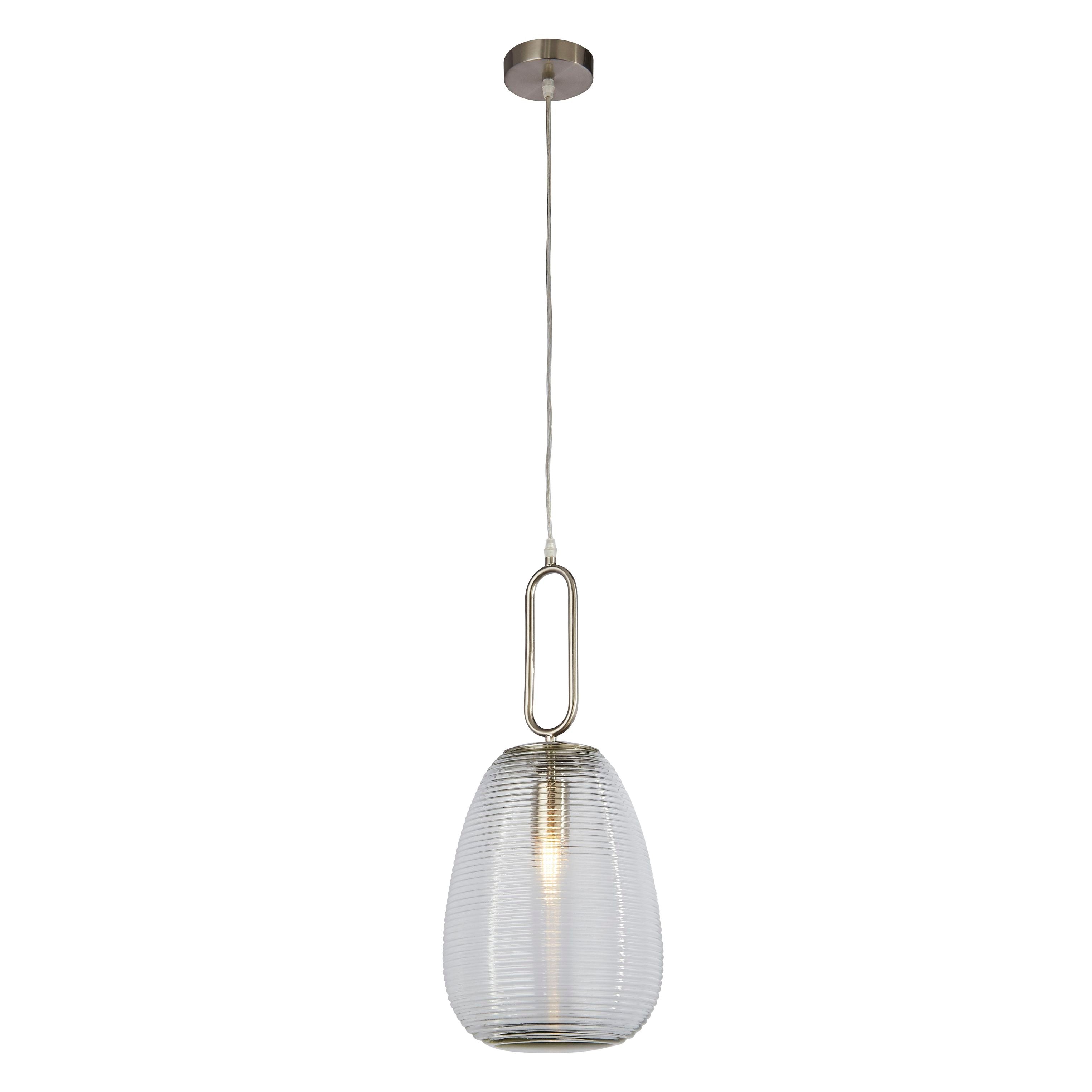 Searchlight Elixir pendant light in satin nickel with a ribbed clear glass shade, studio shot on a white background