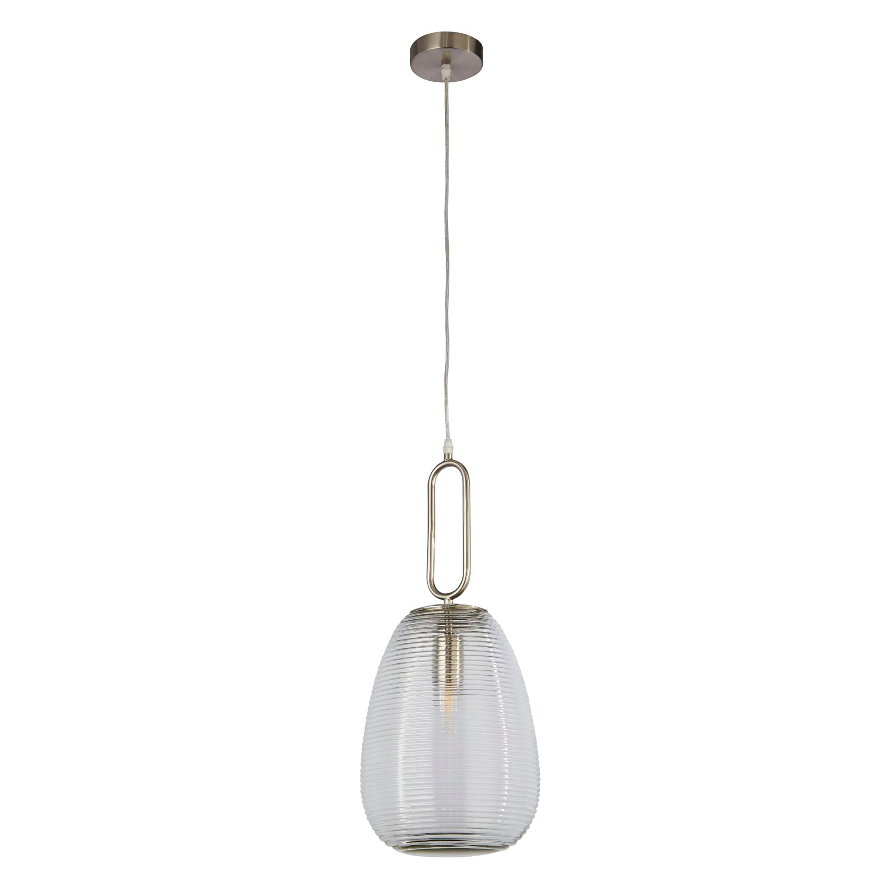 Searchlight Elixir pendant light in satin nickel with a ribbed clear glass shade, second studio angle on a white background