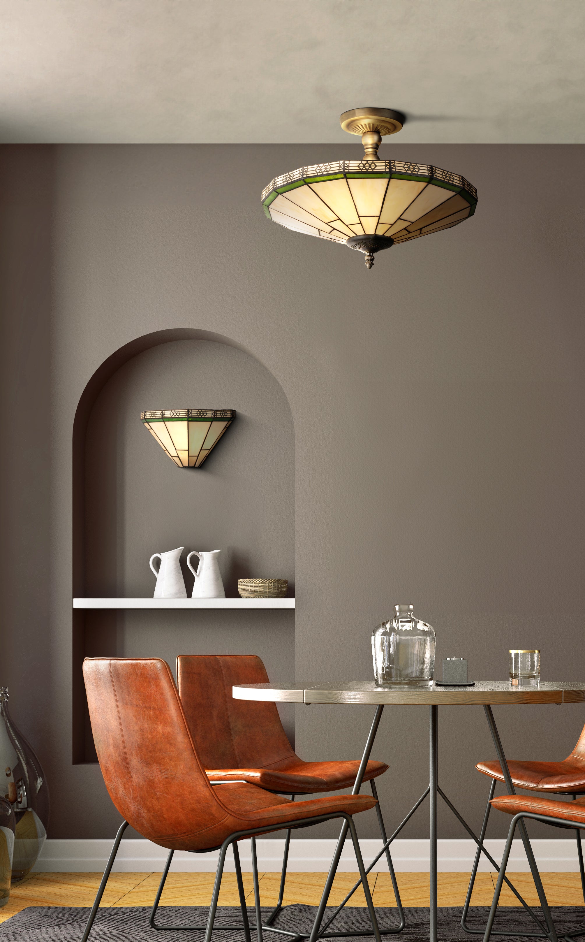Searchlight Nelson 2 Light Semi-Flush - Brass & Stained Glass
