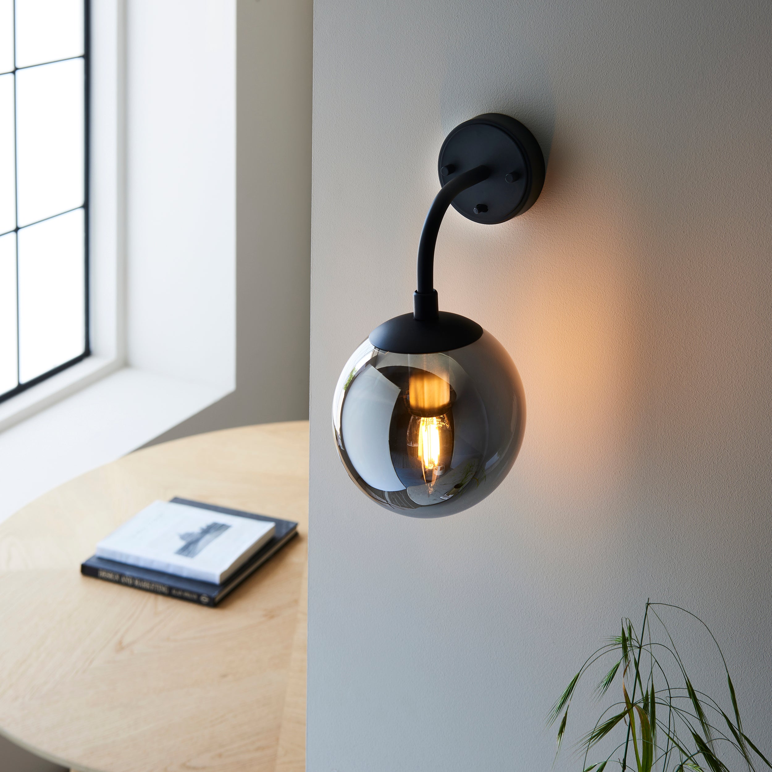 Utopia Sphere Single Wall Light - Matt Black & Smoked Mirror Glass