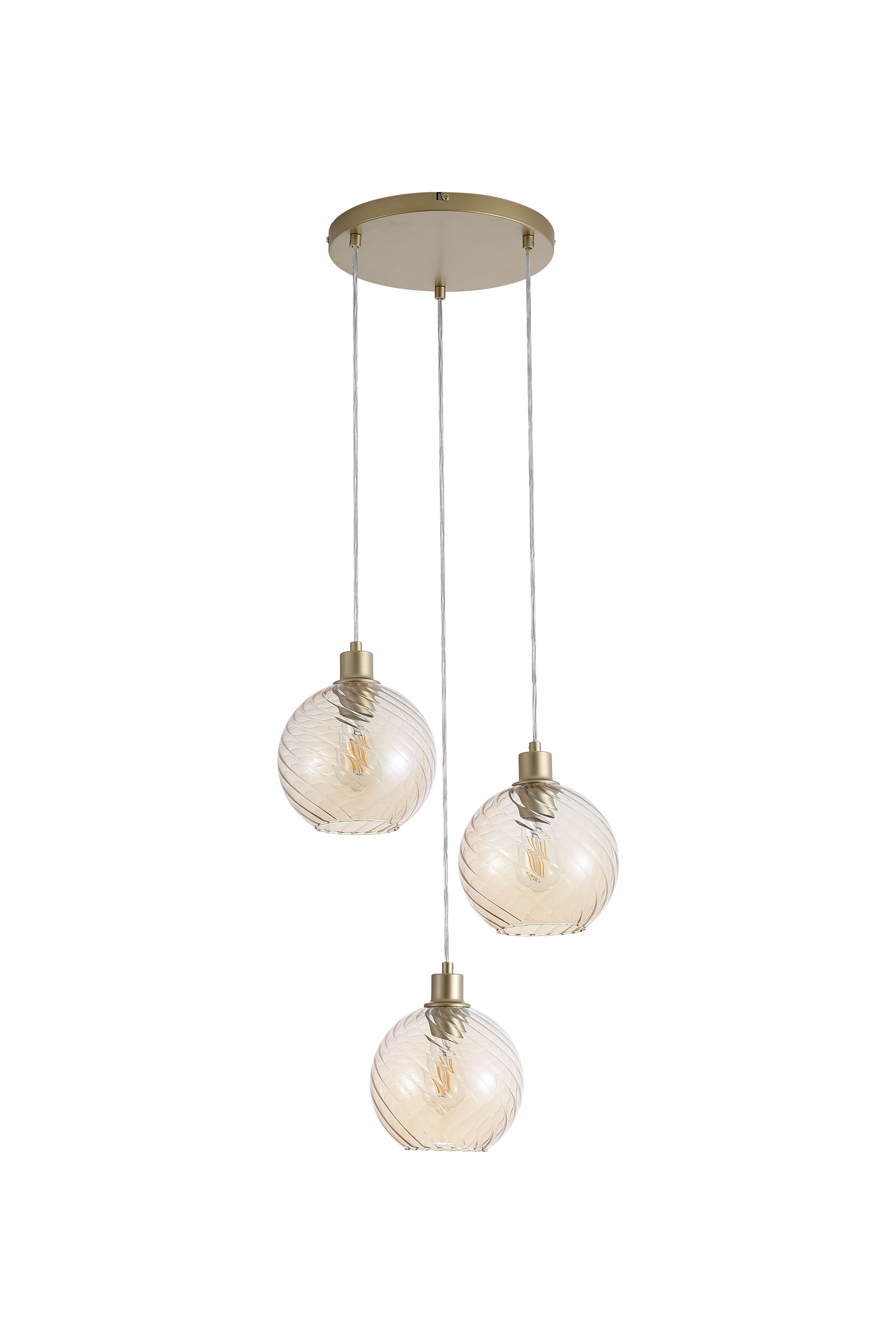 Searchlight Radiance 3 Light Multi Drop Pendant, alternate studio angle showing the three champagne swirled glass globes lit at staggered heights