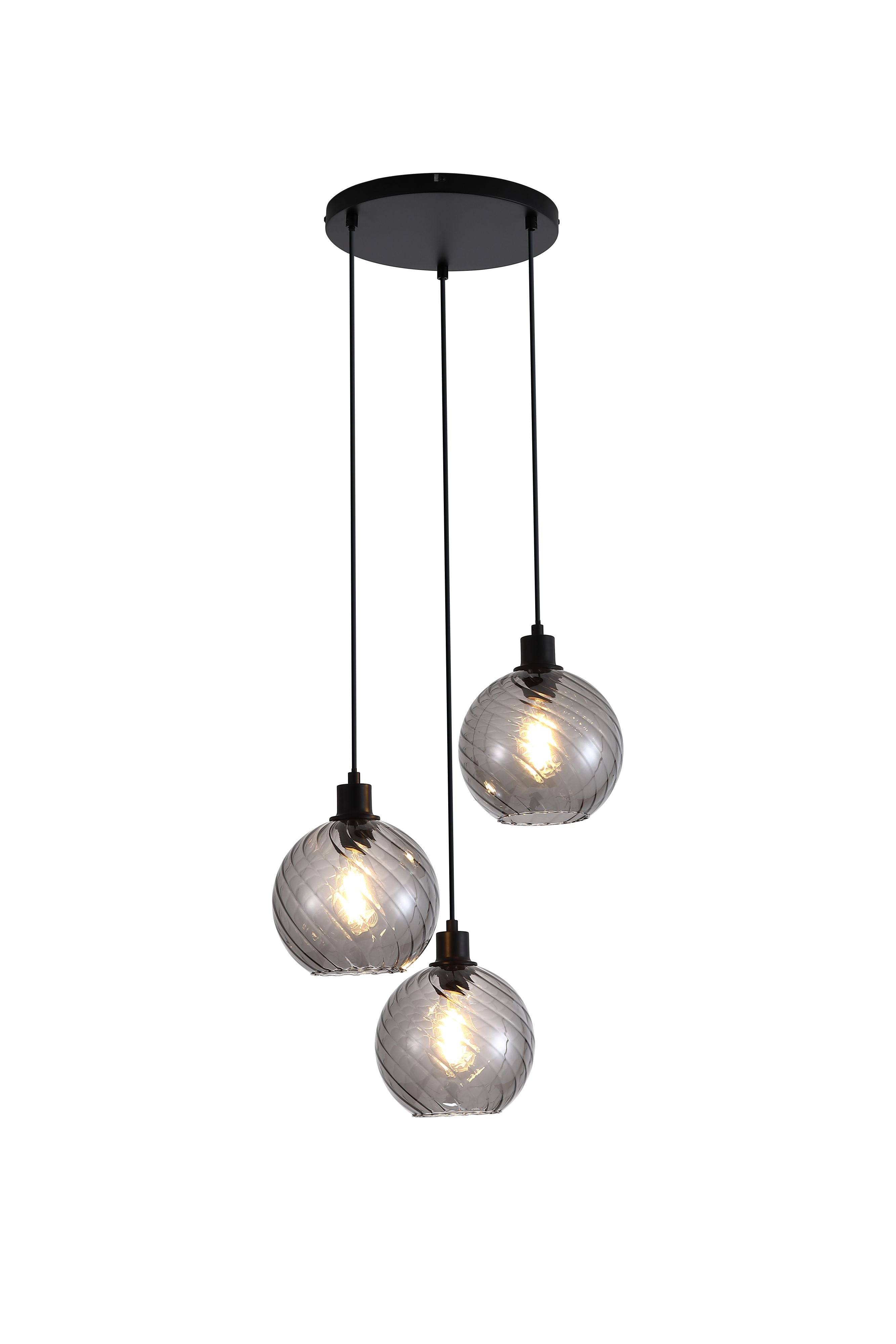 Searchlight Radiance 3 Light Multi Drop Pendant in black and smoked glass, front view of three ribbed smoked glass globe shades hanging at staggered heights from a round black ceiling plate