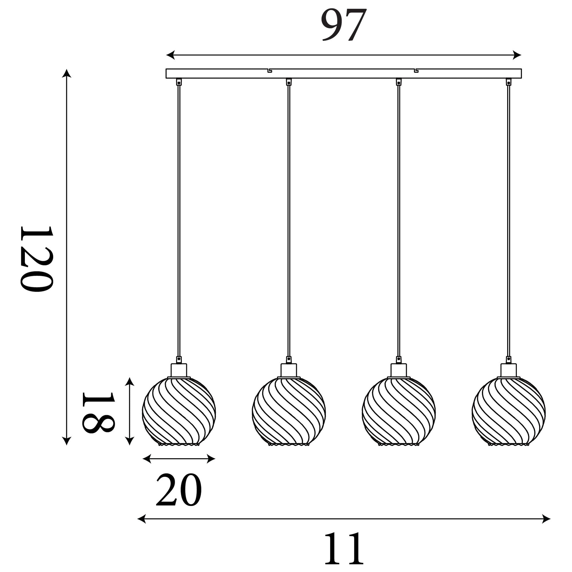 Technical line drawing of the Radiance 4 Light Bar Pendant showing the drop height, globe width and ceiling bar length