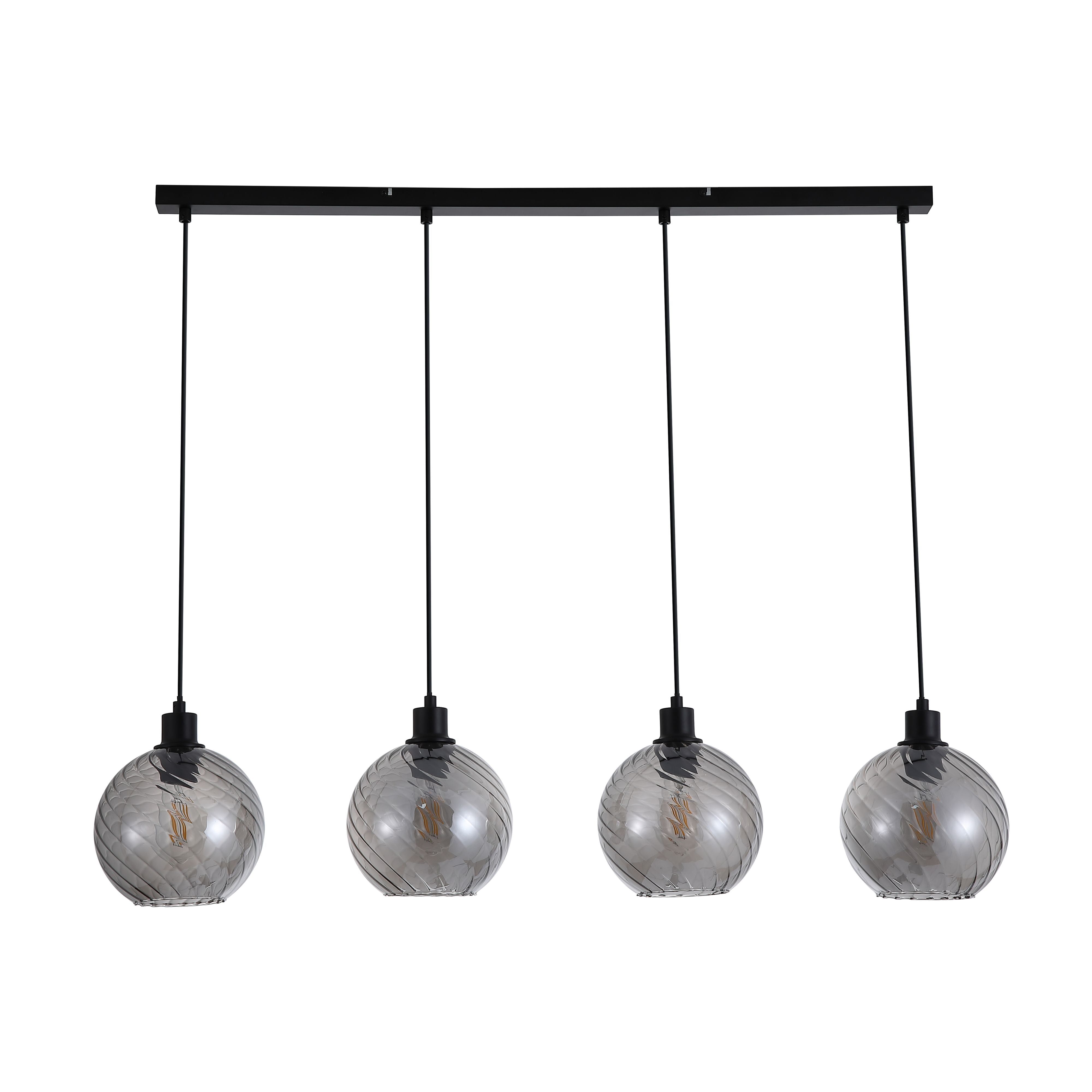 Searchlight Radiance 4 Light Bar Pendant, front view of the four swirled smoked glass globes suspended on black cords with lit bulbs