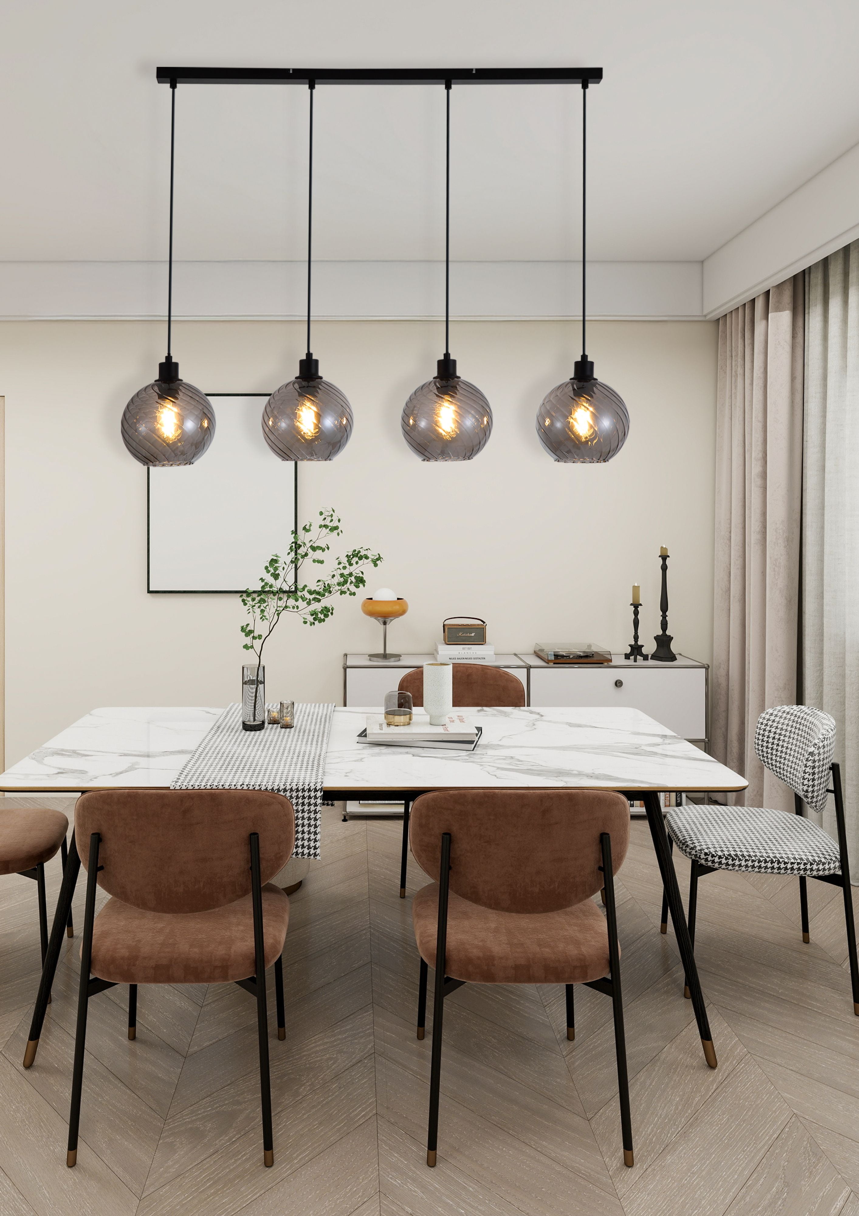 Radiance 4 Light Bar Pendant styled above a marble dining table with houndstooth runner and upholstered chairs