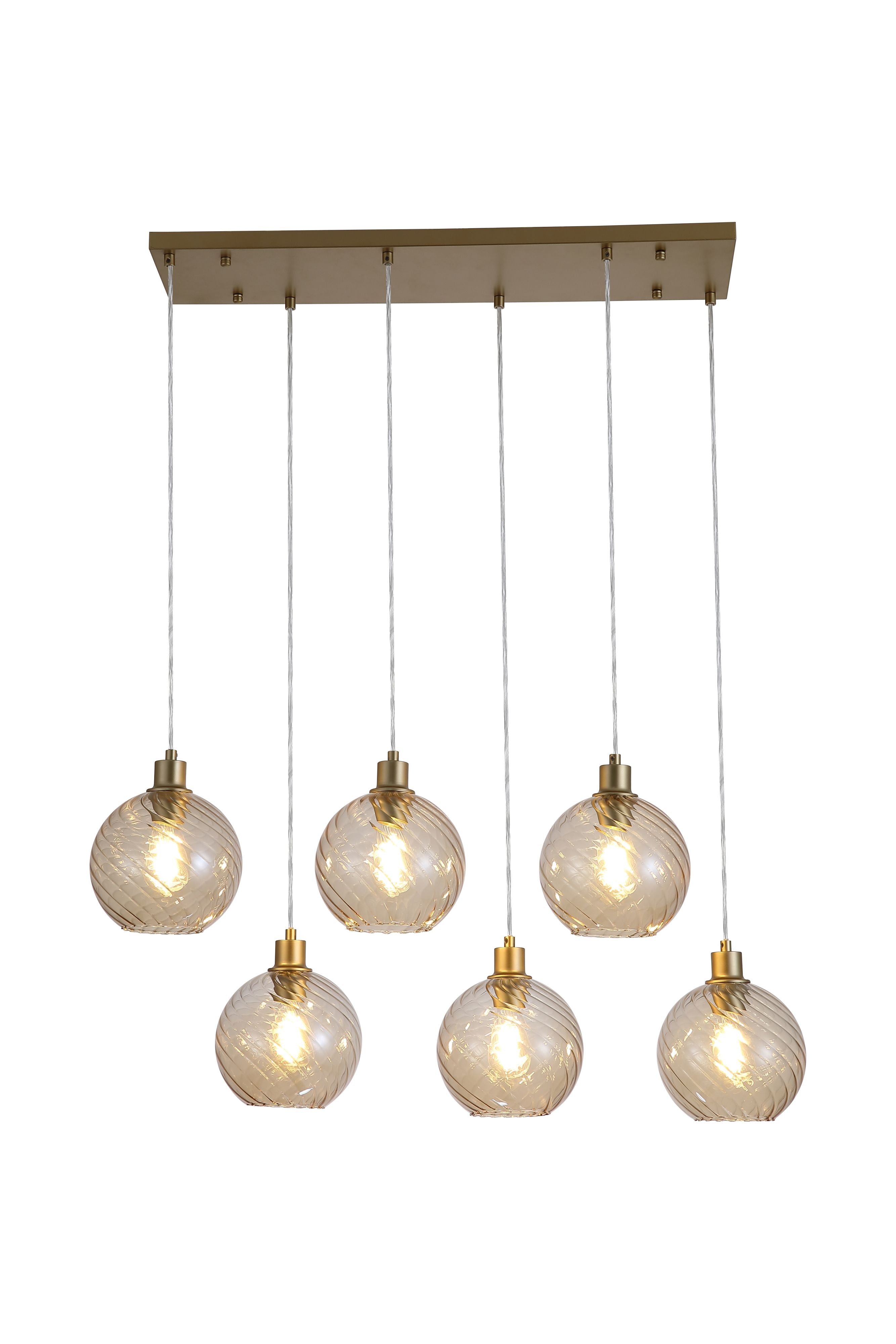 Searchlight Radiance 6 Light Bar Pendant, gold bar with six champagne swirled glass globe shades, lit against a white studio background