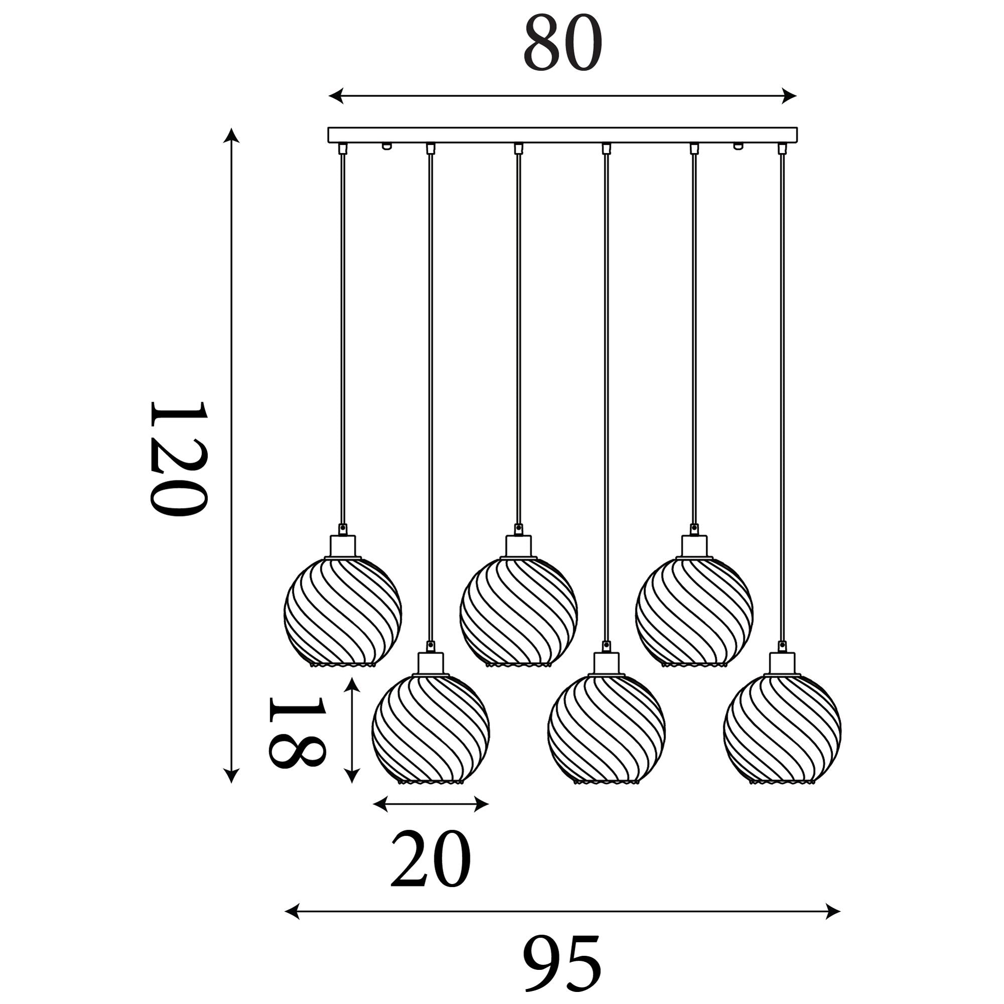 Technical line drawing of the Searchlight Radiance 6 Light Bar Pendant showing a bar length of 80cm, overall width of 95cm, total height of 120cm and globe diameter of 18 to 20cm