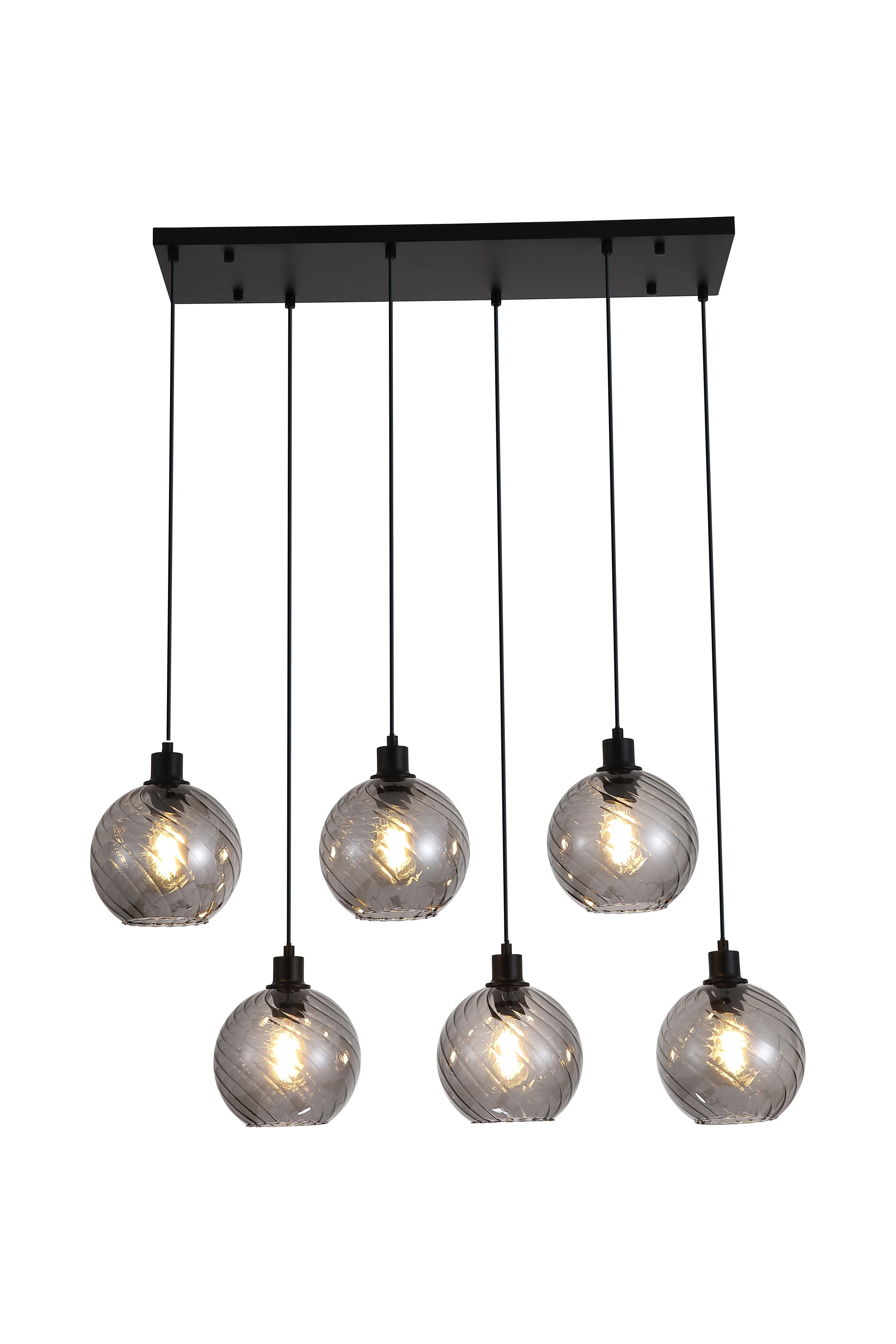 Searchlight Radiance 6 Light Bar Pendant in black with smoked glass, studio shot of six lit swirl textured globes in two staggered rows on a black bar