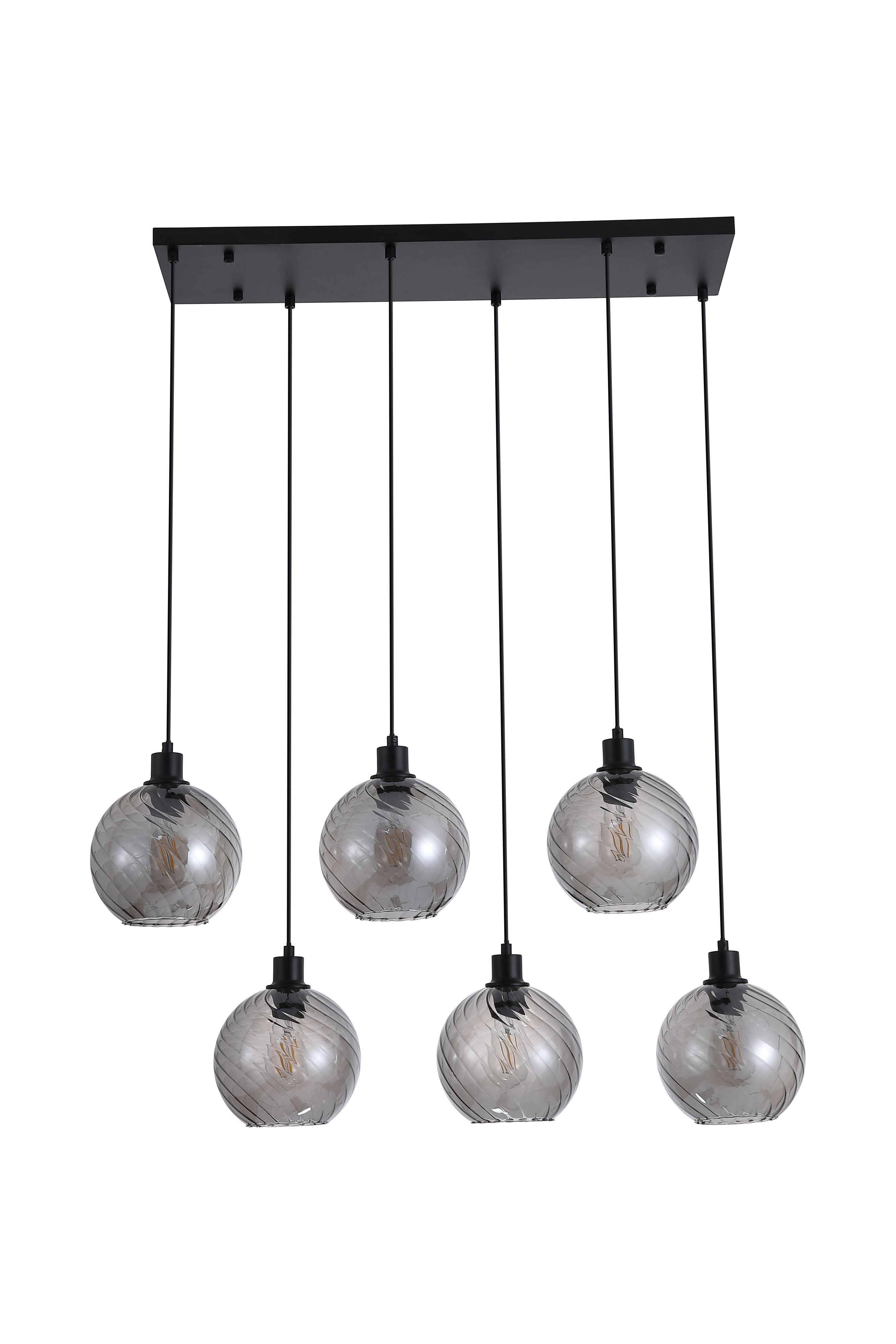 Searchlight Radiance 6 Light Bar Pendant in black with smoked glass, alternate studio angle of the six lit globes
