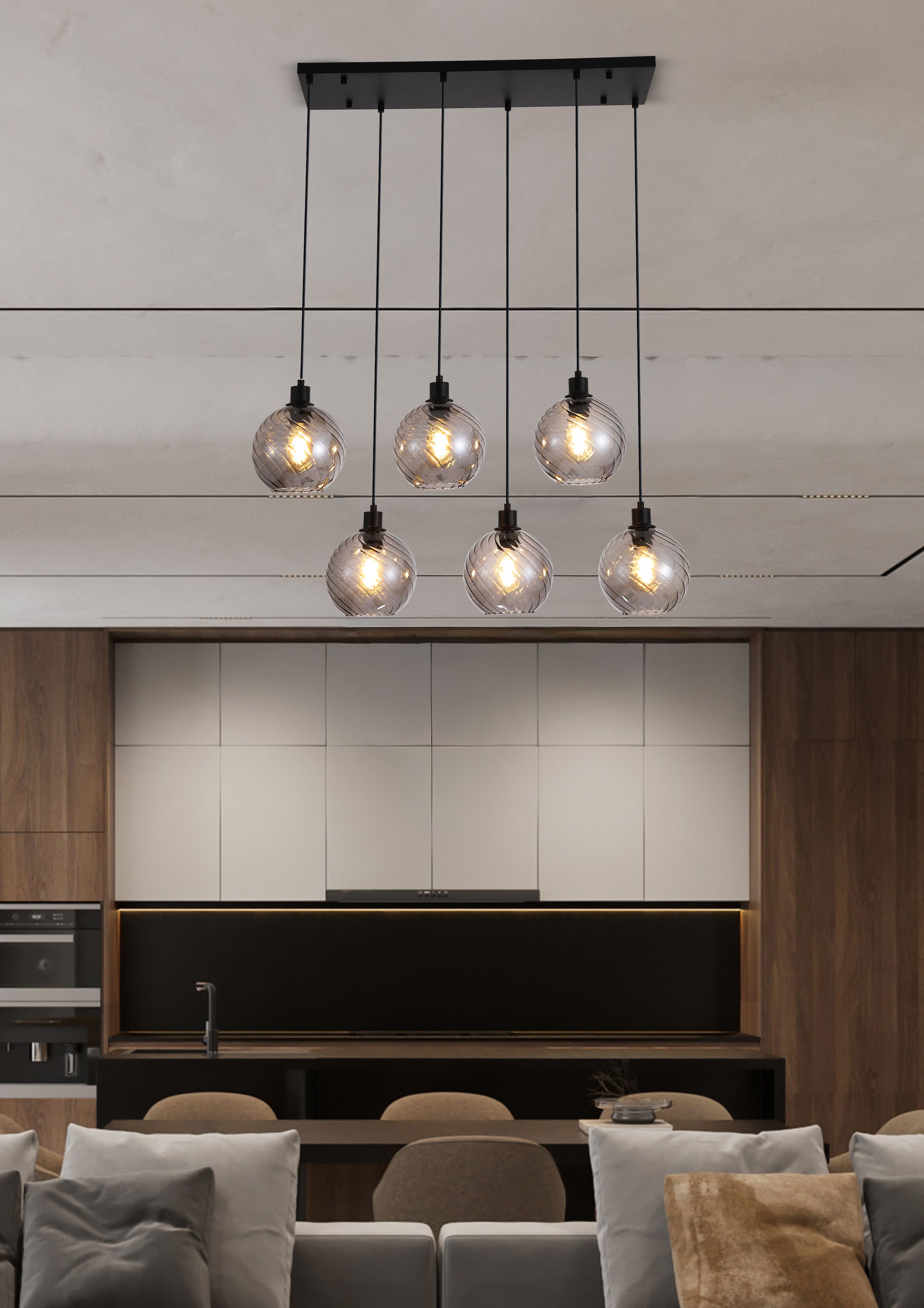 Radiance 6 Light Bar Pendant styled above a kitchen island with wood cabinetry, hanging in two staggered rows above a sofa and dining area