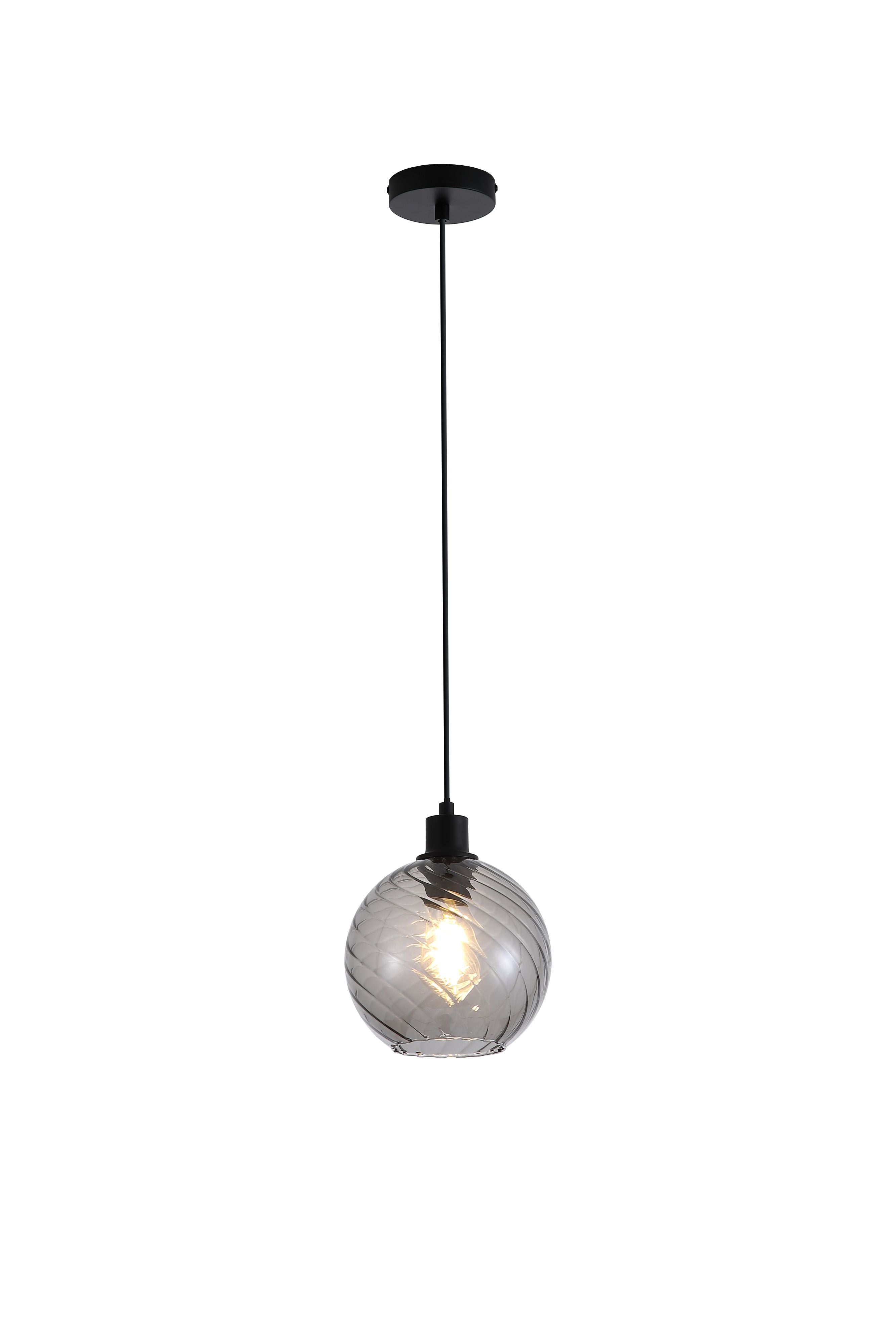 Searchlight Radiance 1 Light Pendant in black with smoked glass, full studio shot of the lit single swirl textured globe shade on its black cord