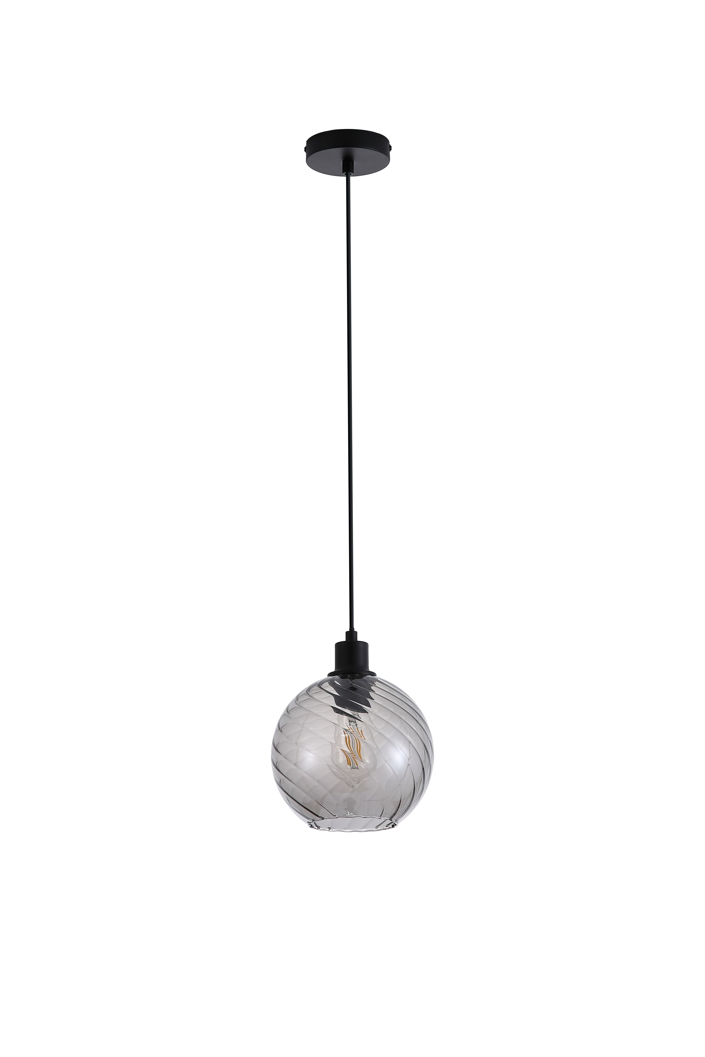 Searchlight Radiance 1 Light Pendant in black with smoked glass, alternate studio angle of the lit pendant