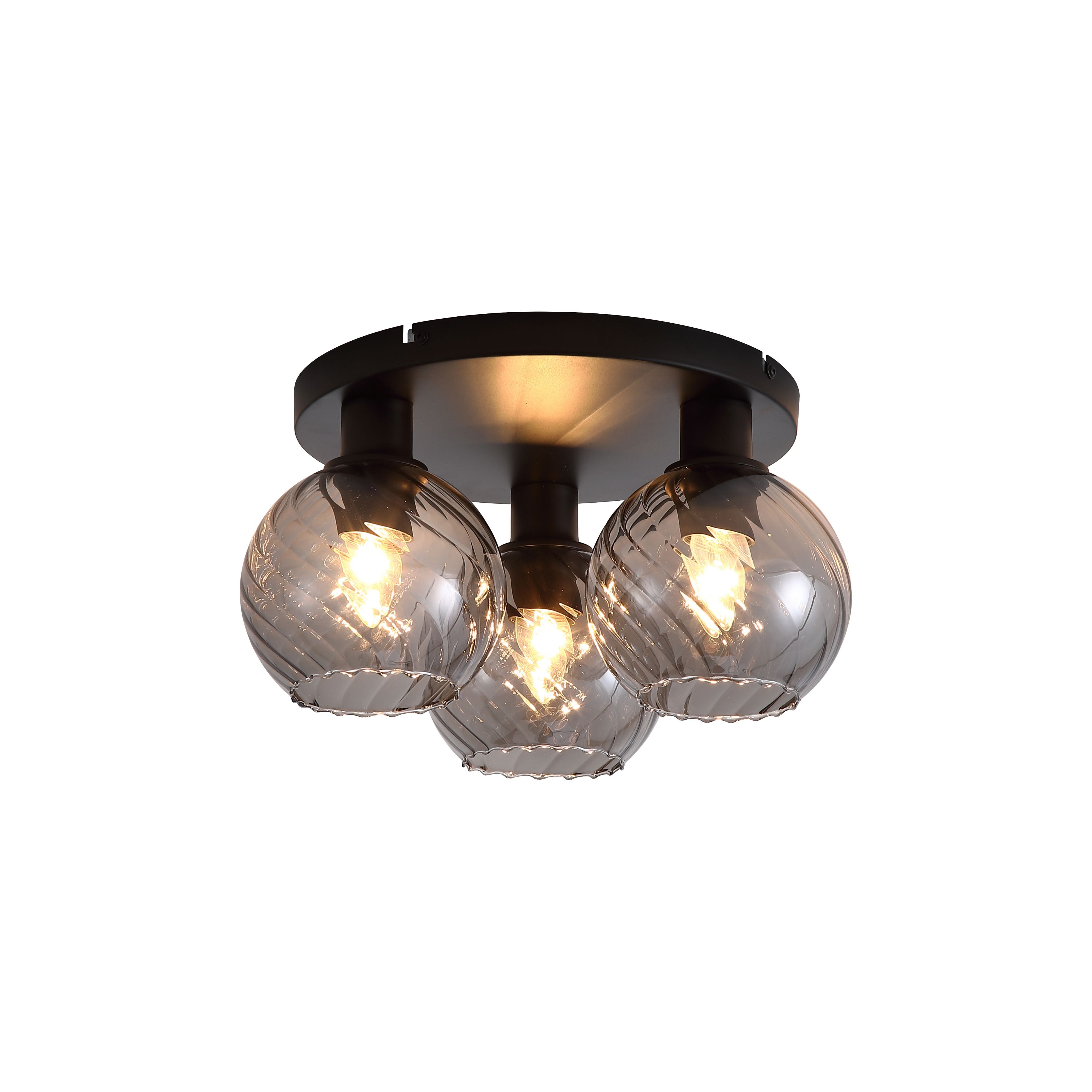 Searchlight Radiance 3 Light Flush ceiling light in black and smoked glass, three ribbed smoked glass globe shades on a round black ceiling plate
