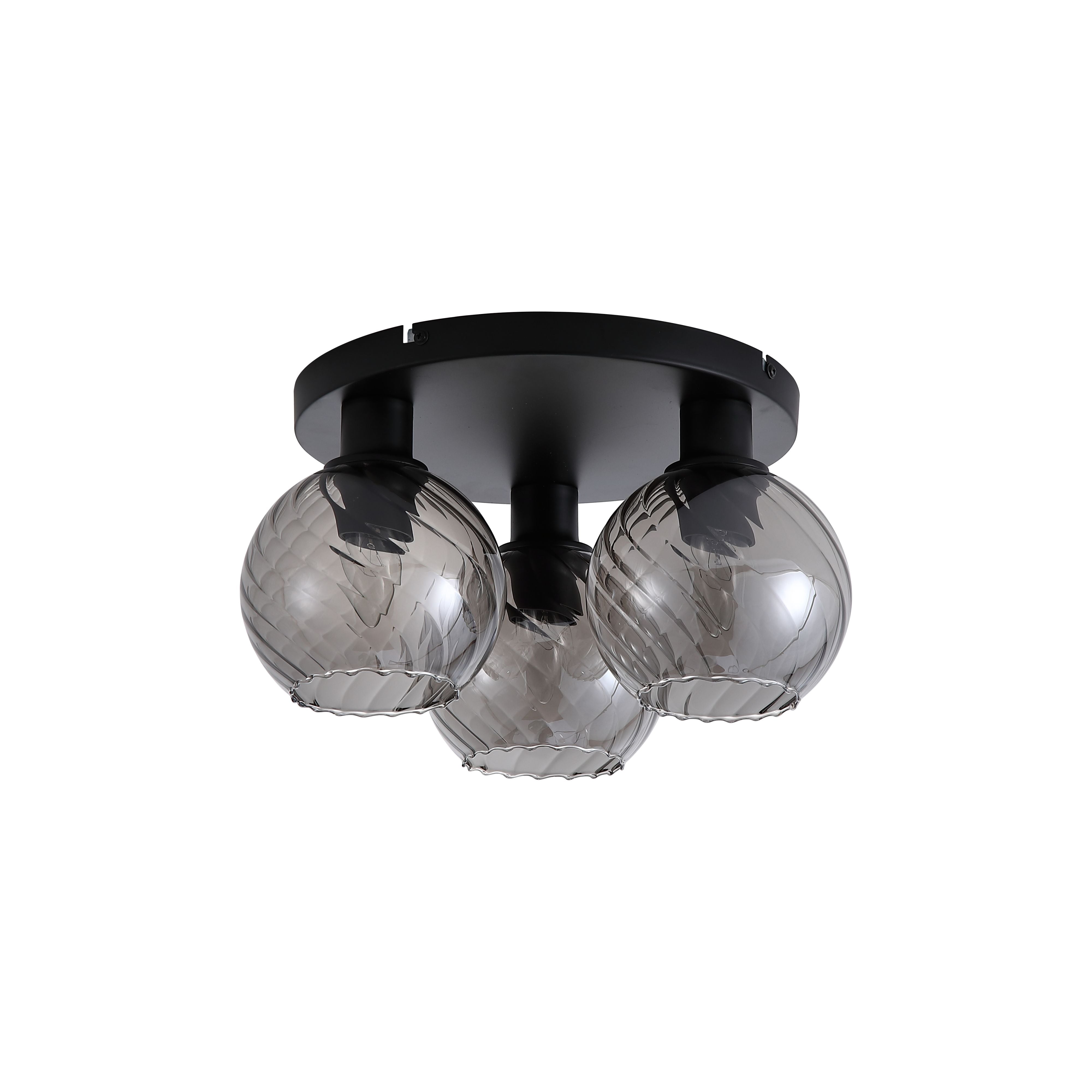 Searchlight Radiance 3 Light Flush, angled view of the three swirled smoked glass globes with lit bulbs against the black ceiling plate