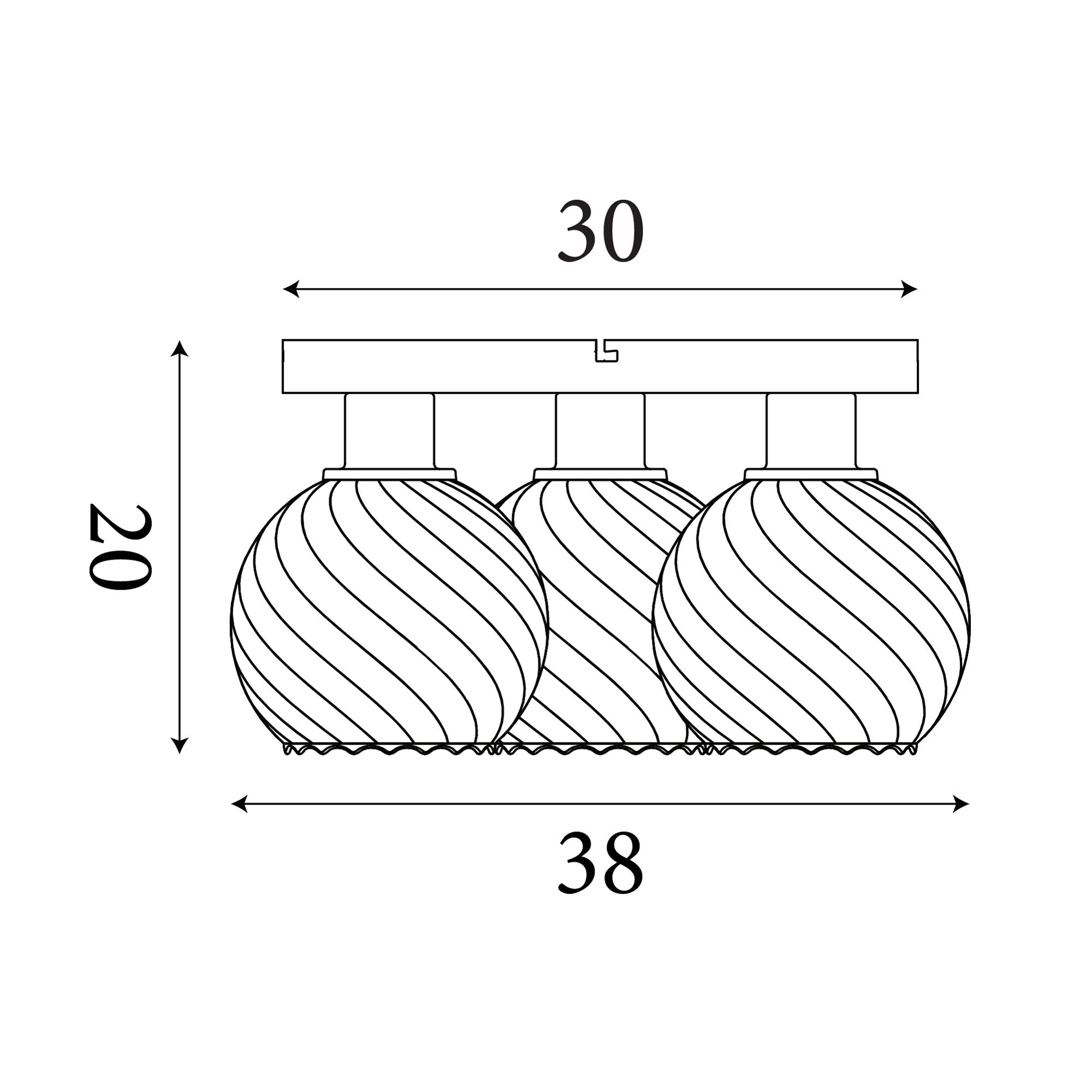 Technical line drawing of the Radiance 3 Light Flush showing an overall width of 38cm and height of 20cm