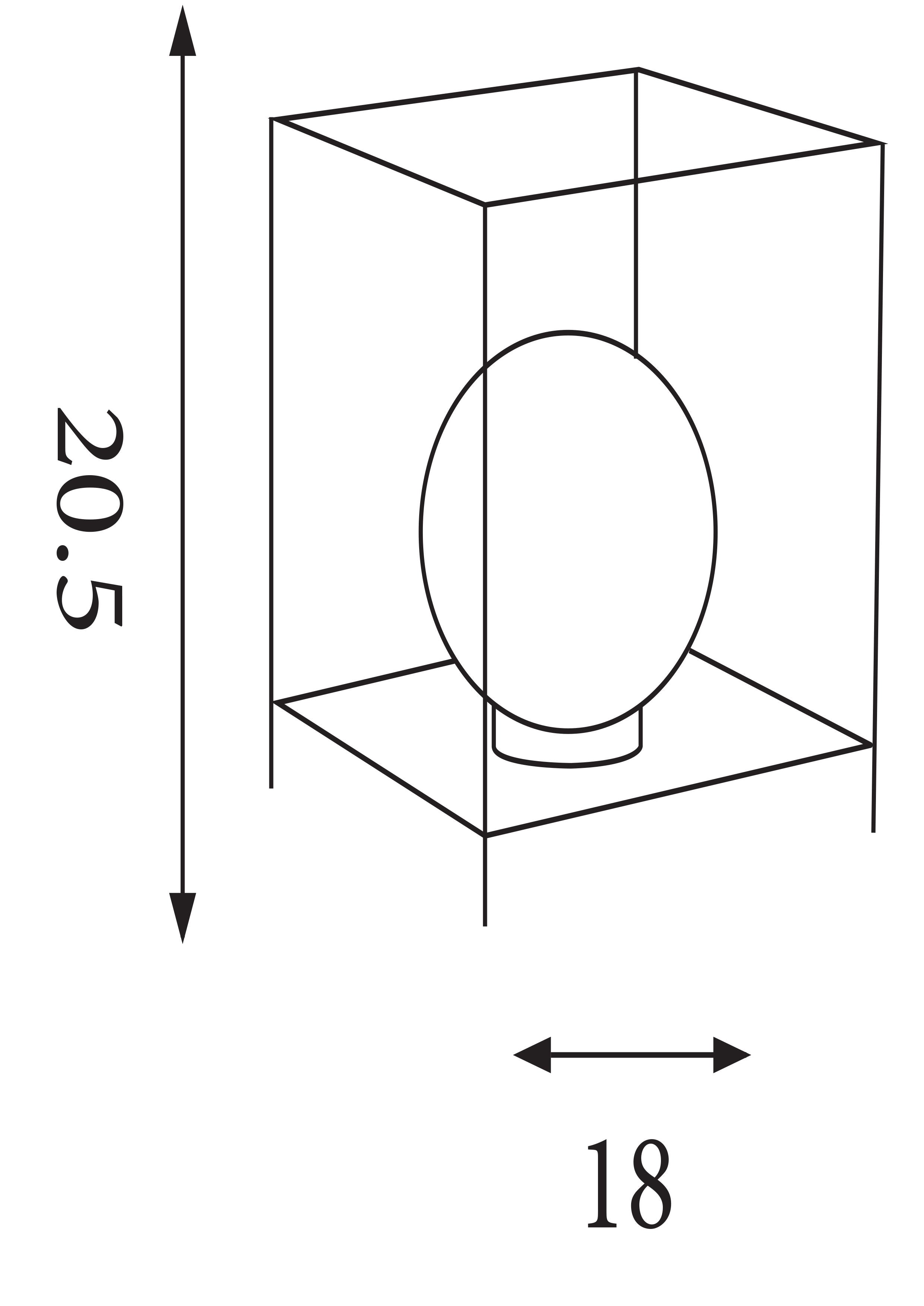 Technical line drawing of the Block table lamp showing 20.5cm height and 18cm width