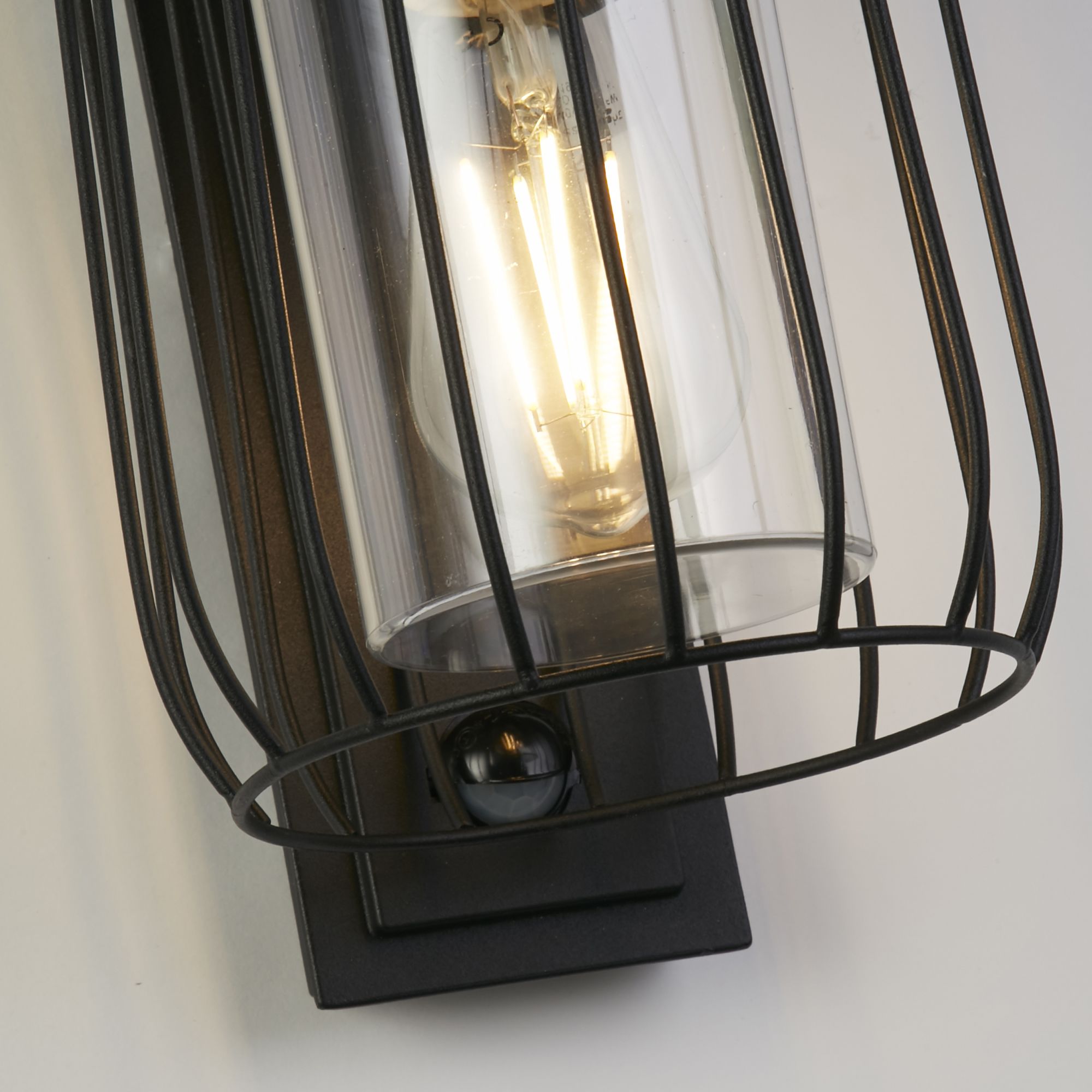 Close up of the Reed wall light's wire cage shade, clear polycarbonate diffuser, filament style bulb and PIR sensor lens set into the black base plate.