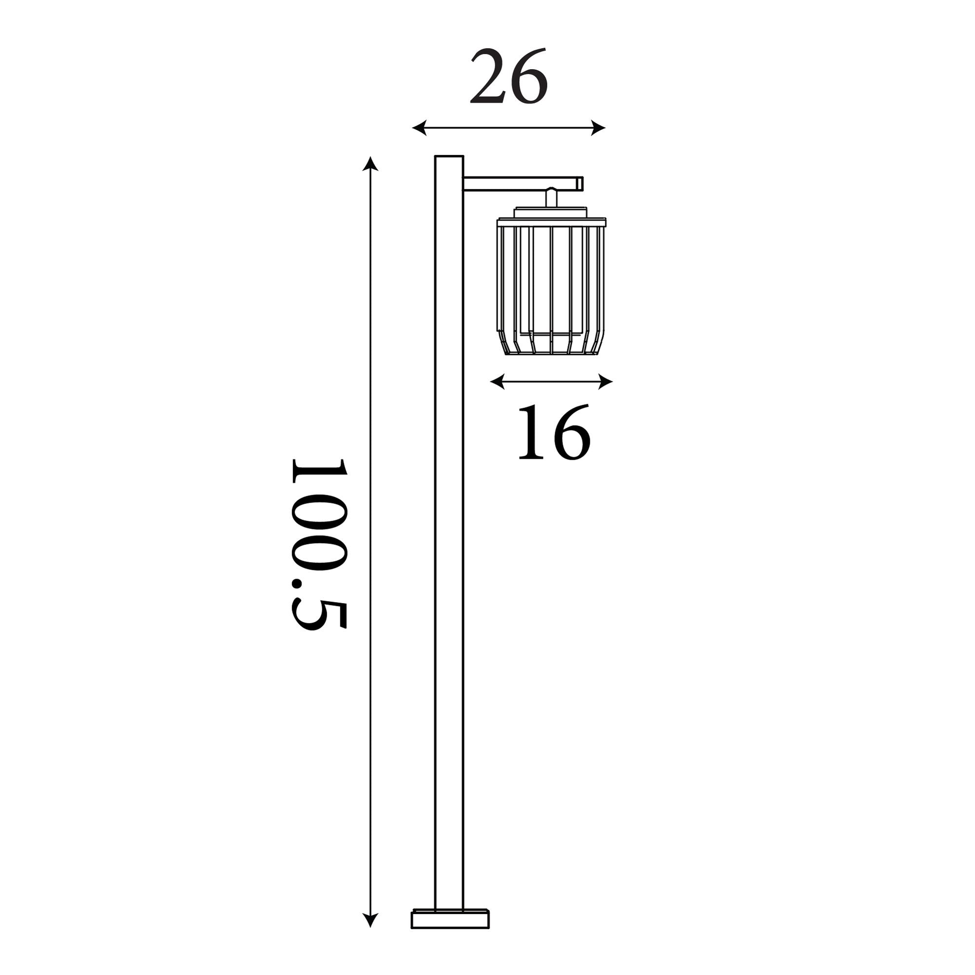 Technical line drawing of the Reed 1 Light Post Light showing a height of 100.5cm, width of 26cm and 16cm lantern diameter.