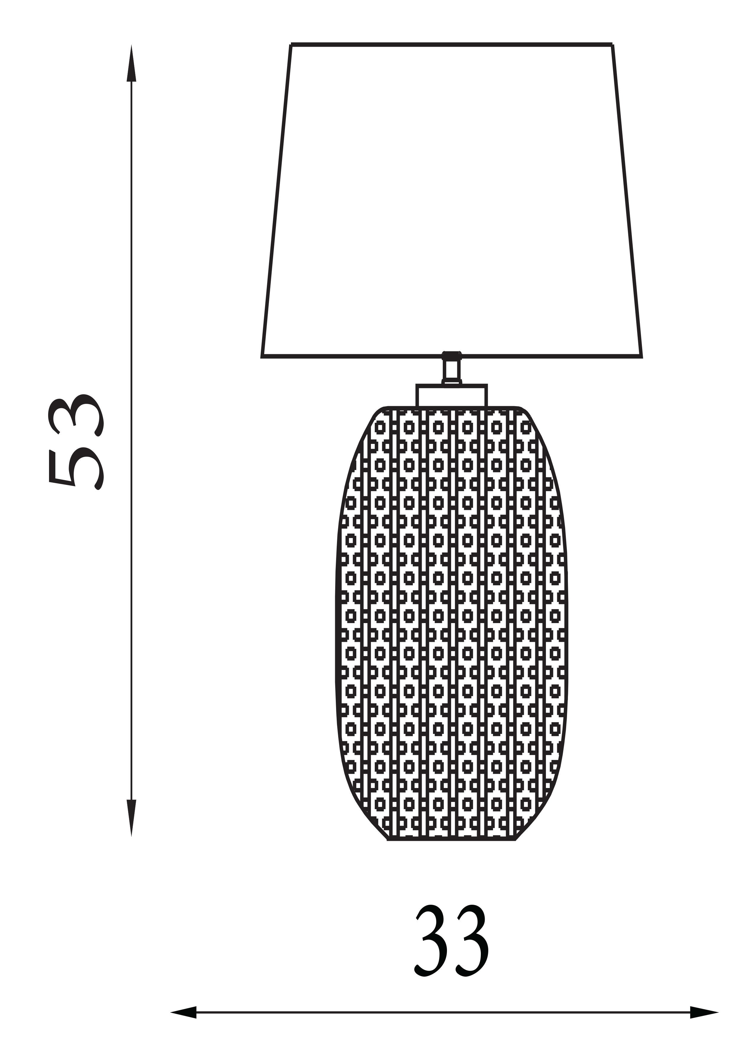 Technical drawing of the Amethyst table lamp showing a 33cm base width and 53cm overall height
