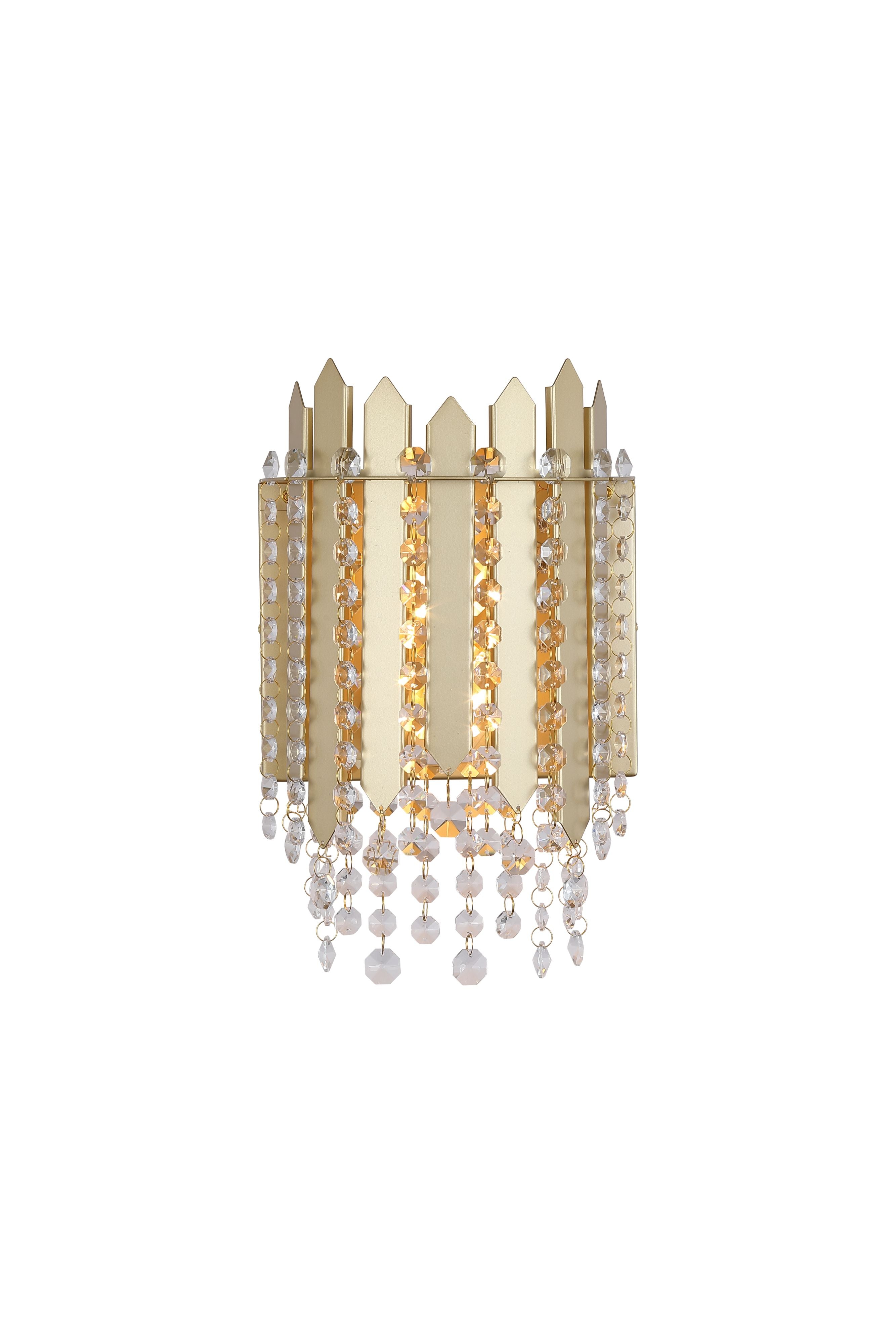 Searchlight Spear 2 Light Wall Light in gold with clear crystal, front view on a white background, illuminated to show the crown shaped panel design