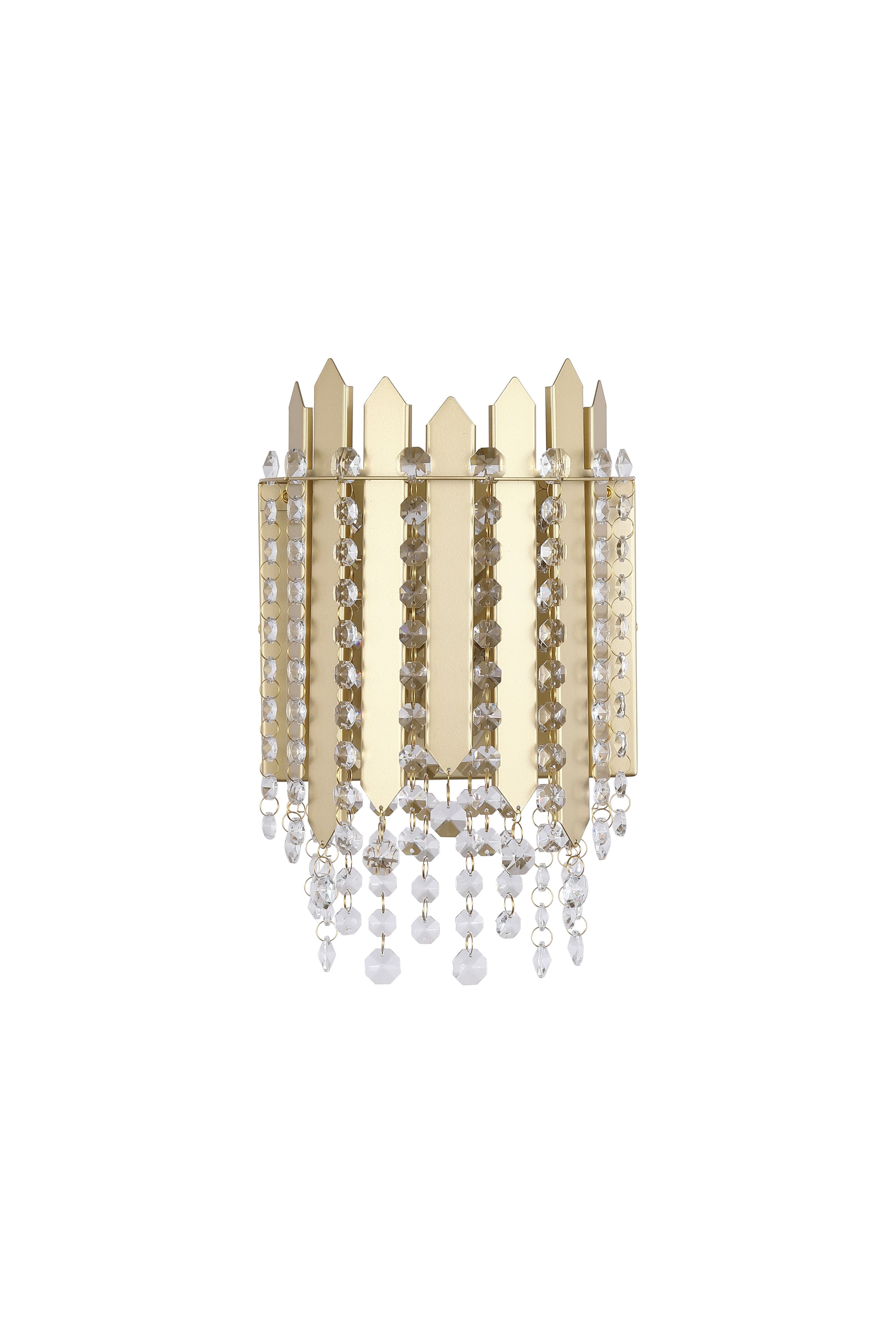 Searchlight Spear 2 Light Wall Light in gold with clear crystal, straight on front view showing the full crystal drop cascade