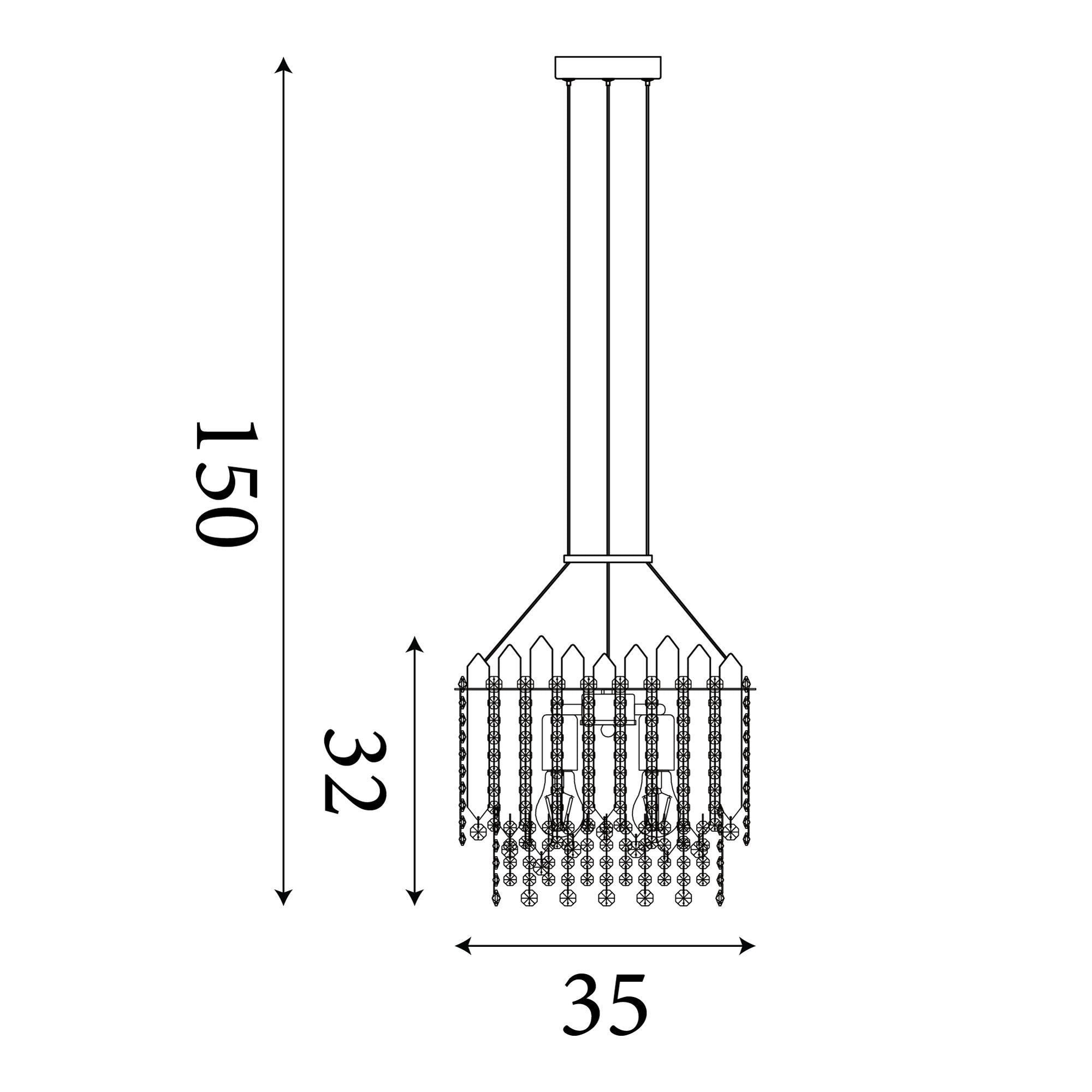 Technical line drawing of the Searchlight Spear 5 Light Pendant showing a 35cm width, 32cm shade height and adjustable drop up to 150cm