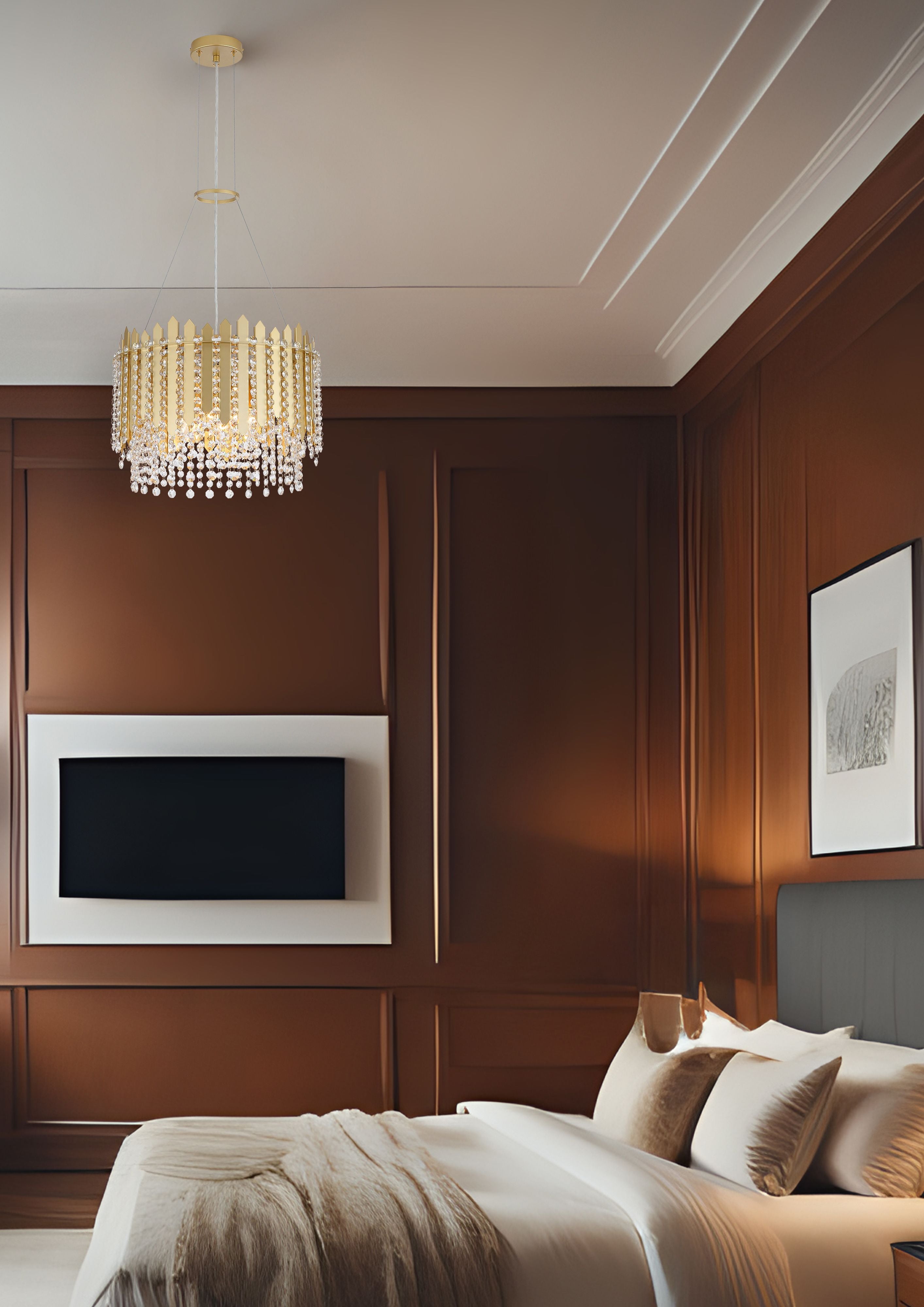 Searchlight Spear 8 Light Pendant in gold with clear crystal, styled above a bed in a dark wood panelled bedroom with a wall mounted television