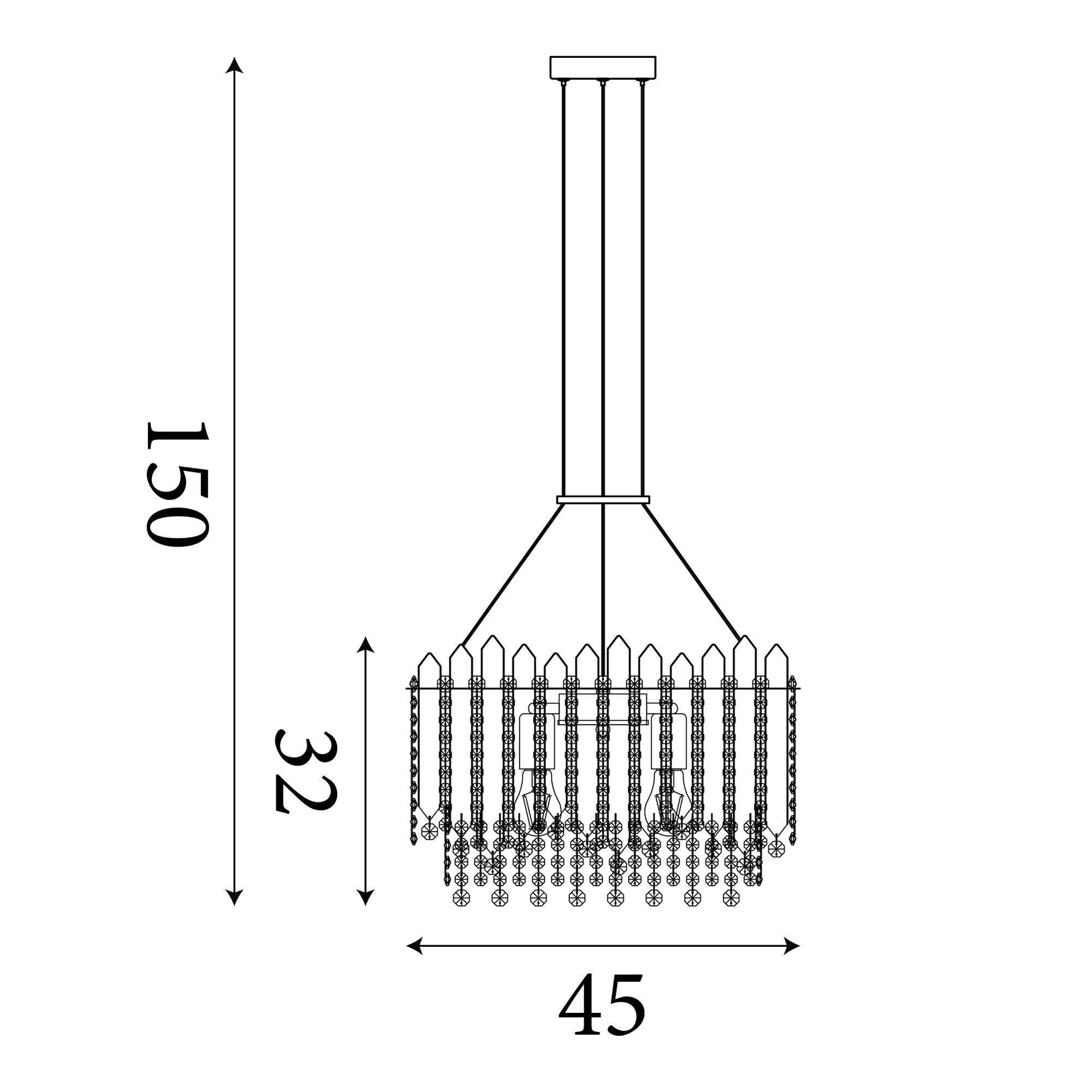 Technical line drawing of the Searchlight Spear 8 Light Pendant showing a 45cm width, 32cm shade height and adjustable drop up to 150cm