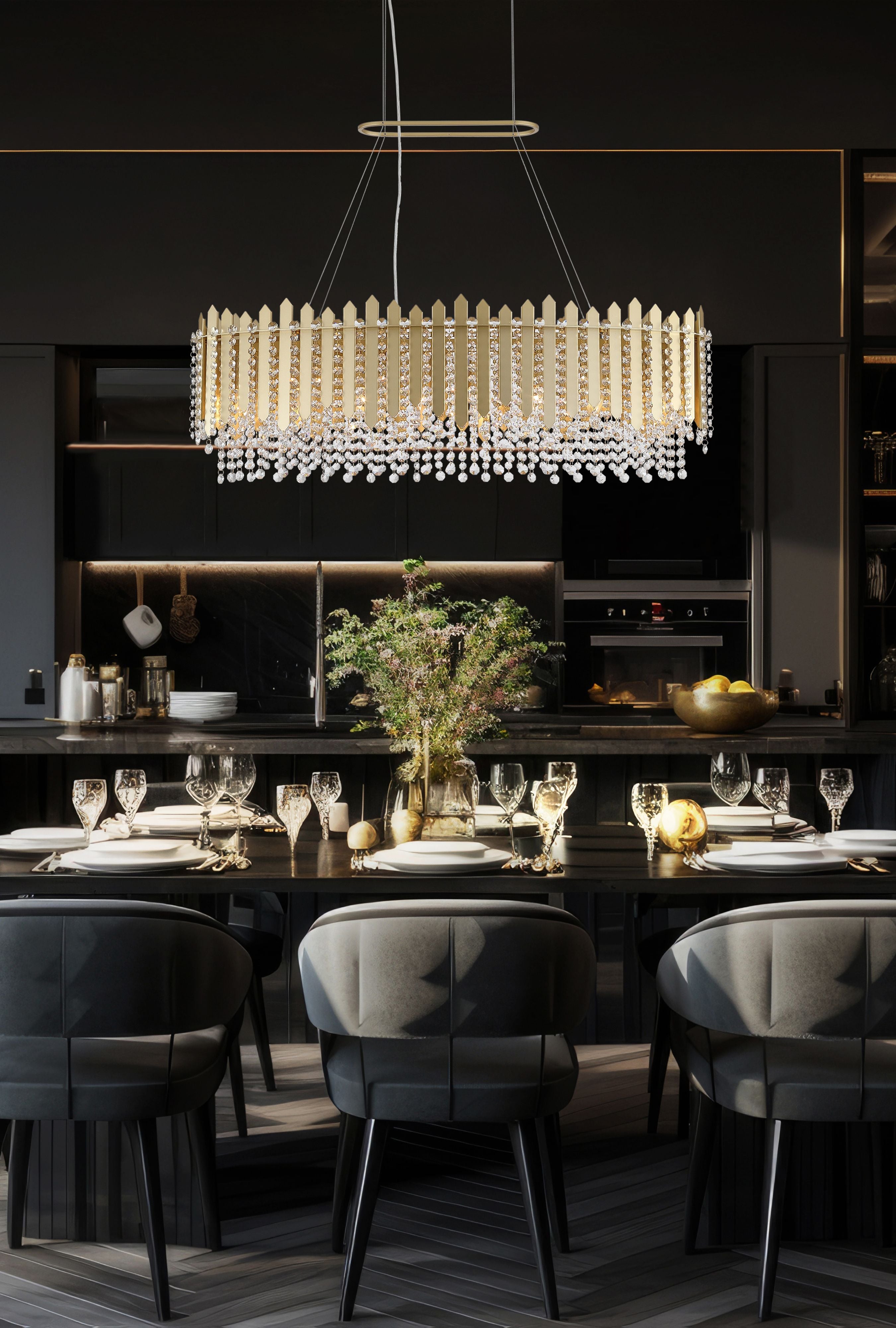 Searchlight Spear 8 Light Diner Bar Pendant in gold with clear crystal, illuminated above a dining table in a dark marble kitchen with a table setting