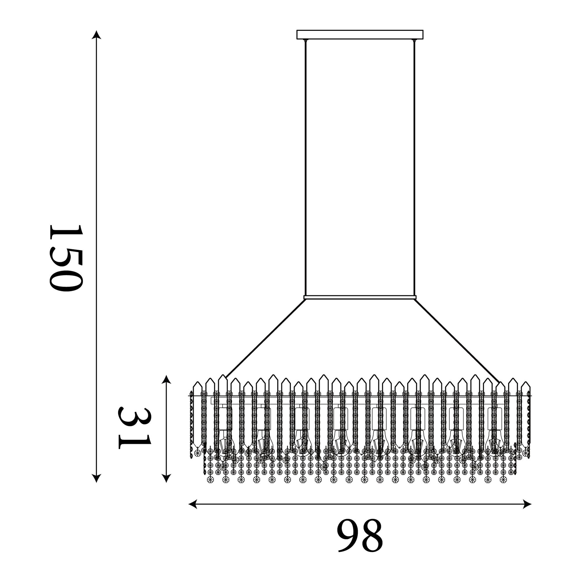 Technical line drawing of the Searchlight Spear 8 Light Diner Bar Pendant showing a 98cm length, 31cm height and adjustable drop up to 150cm