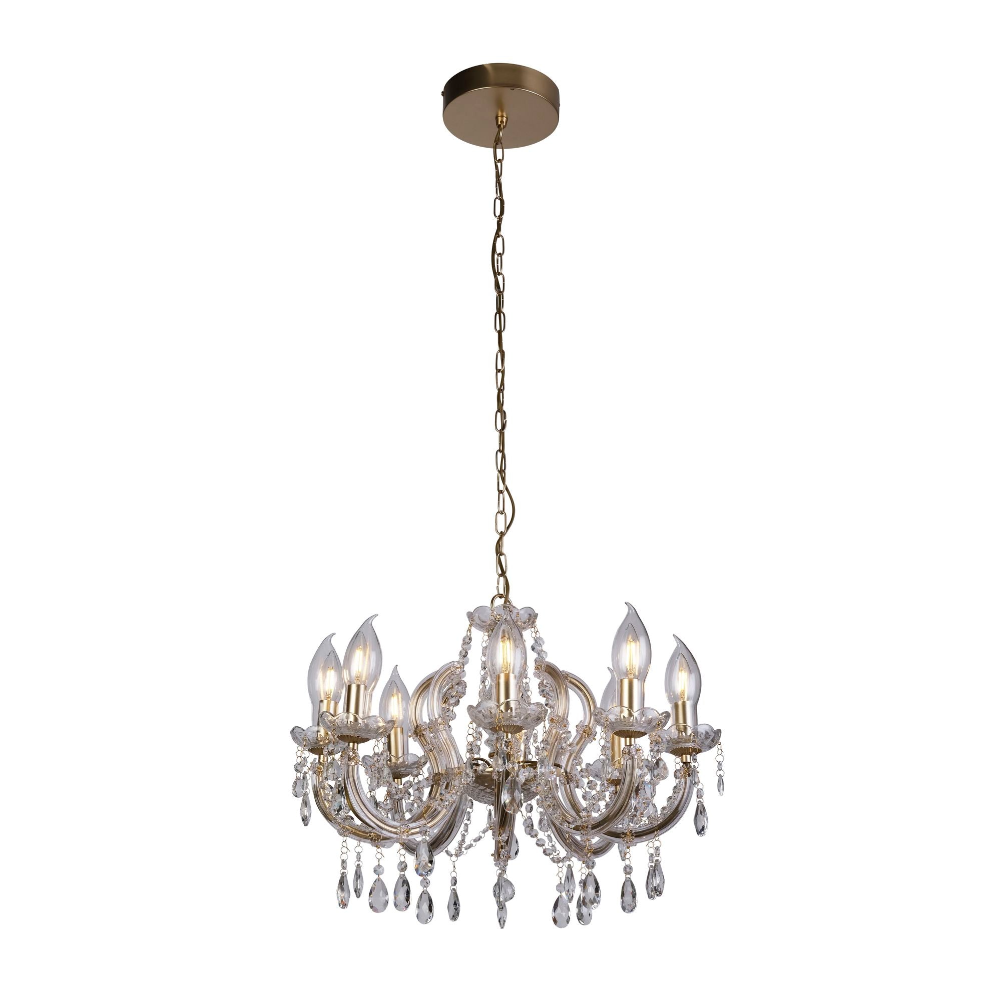 Searchlight Utah 8 light outdoor pendant in gold with crystal droplets, hanging on a chain with lit candle style bulbs, on a white background