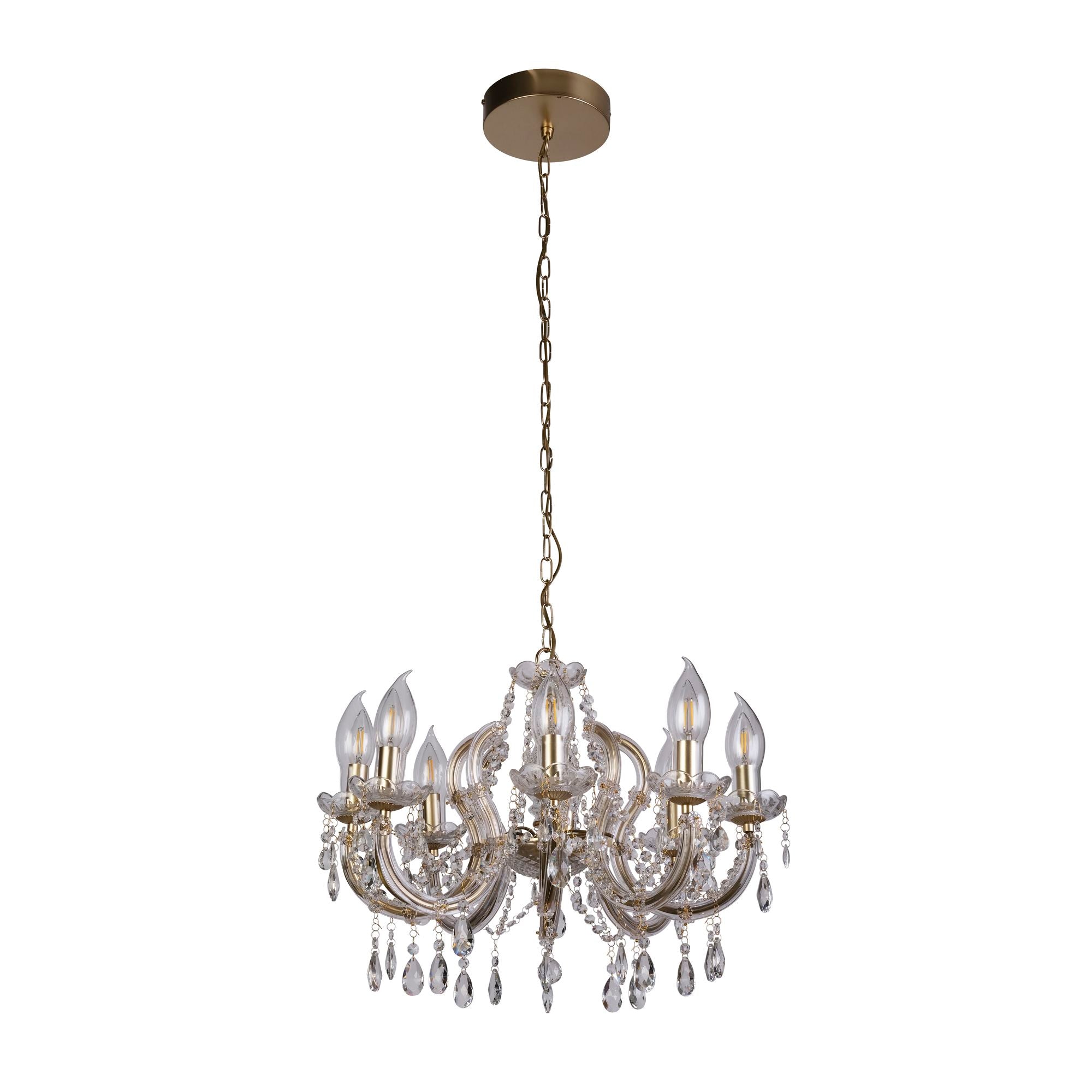 Searchlight Utah 8 light outdoor pendant in gold with crystal droplets, alternate angle on a white background