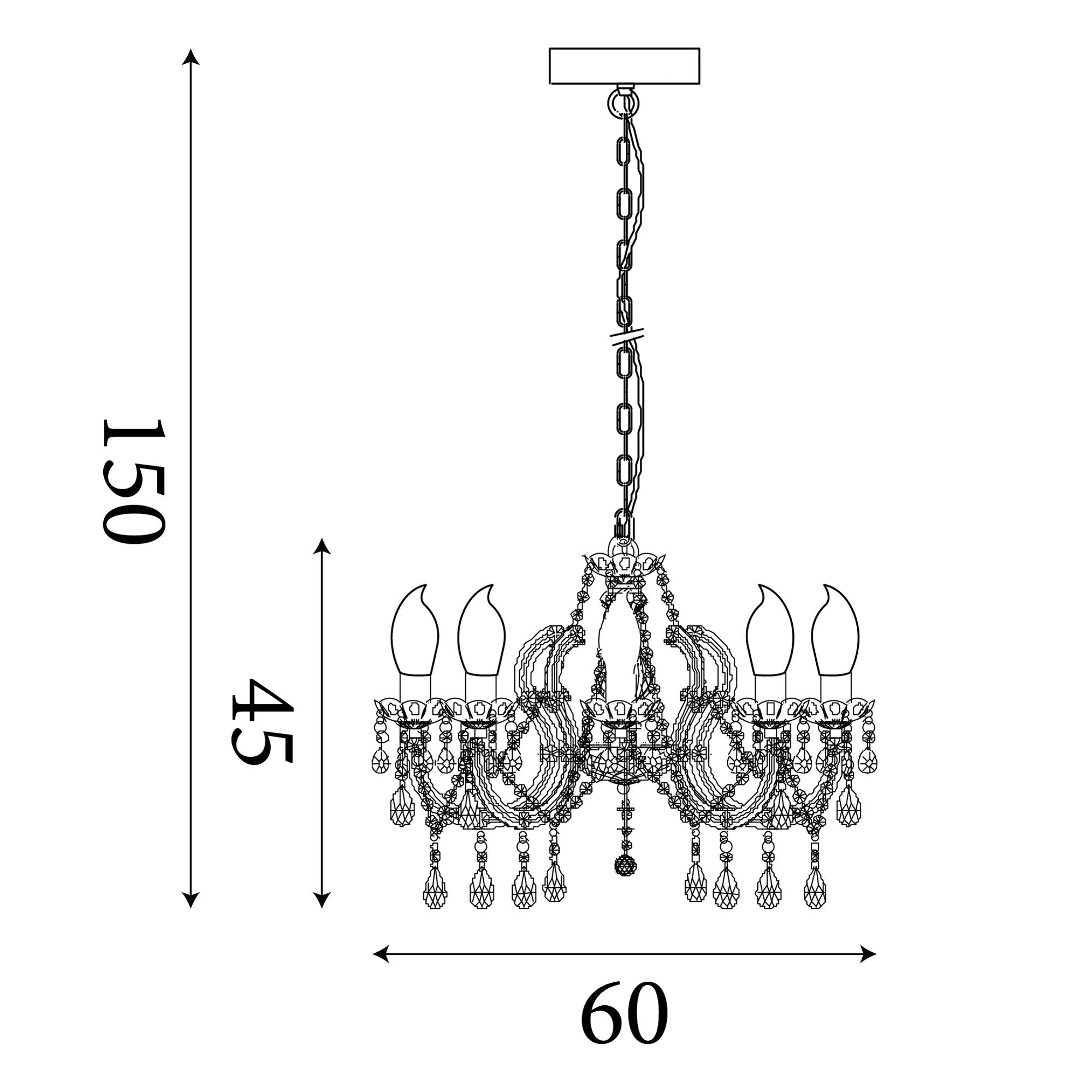 Line drawing of the Utah pendant showing a maximum drop of 150cm, arm height of 45cm, and width of 60cm