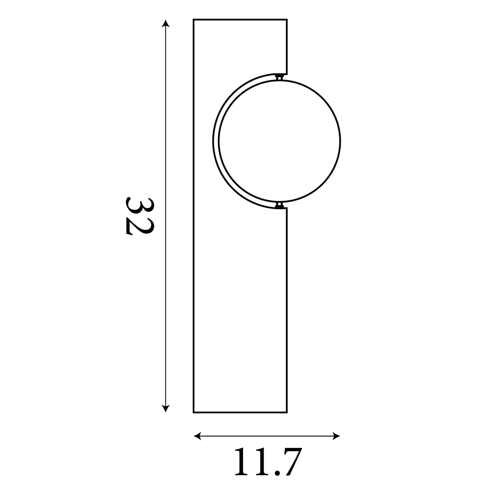 Technical line drawing of the Searchlight Shield LED Wall Light, showing overall height 32cm and overall width 11.7cm across the brass disc