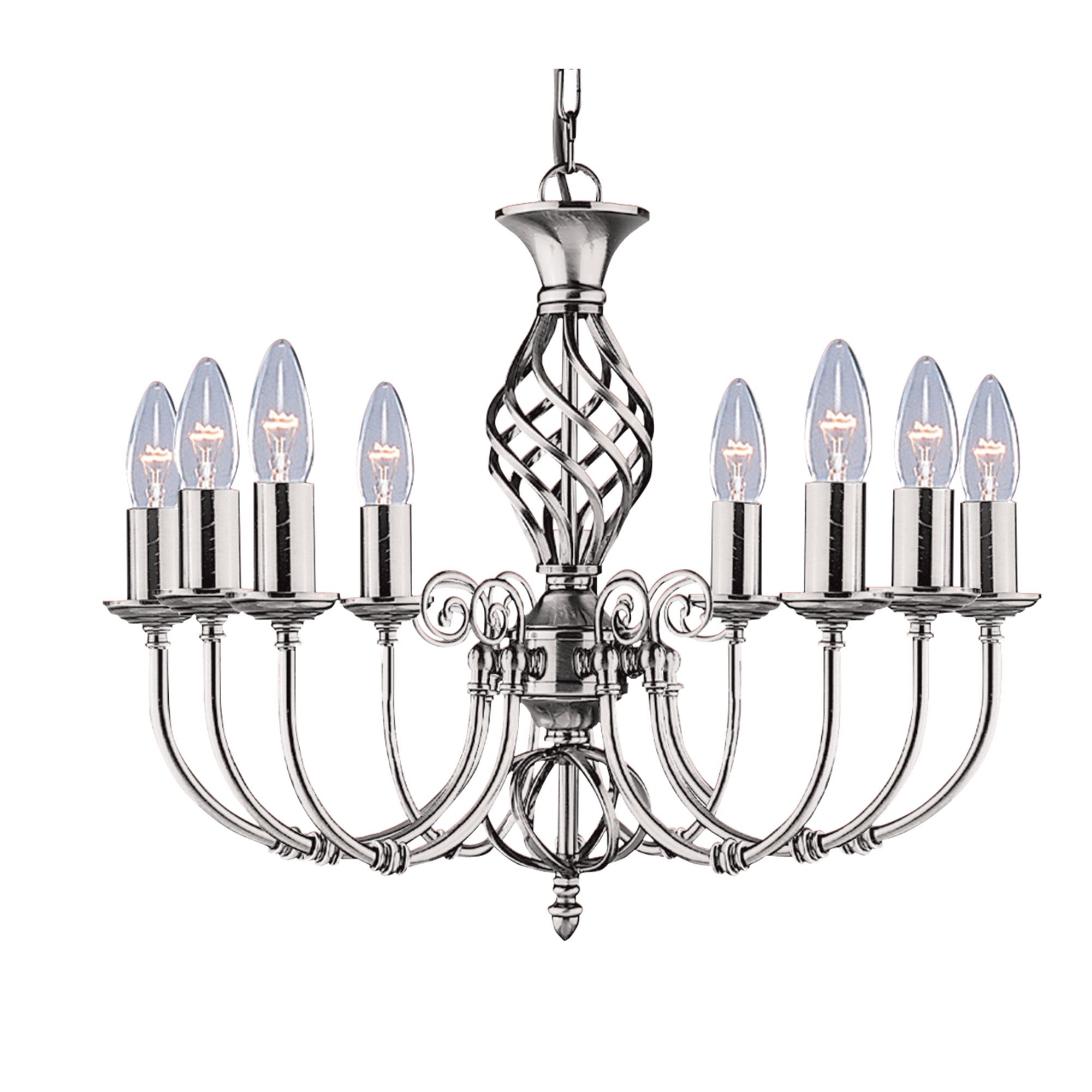 Searchlight Zanzibar 8 Light Pendant in satin silver, studio shot of the full chandelier with all eight candle style arms lit