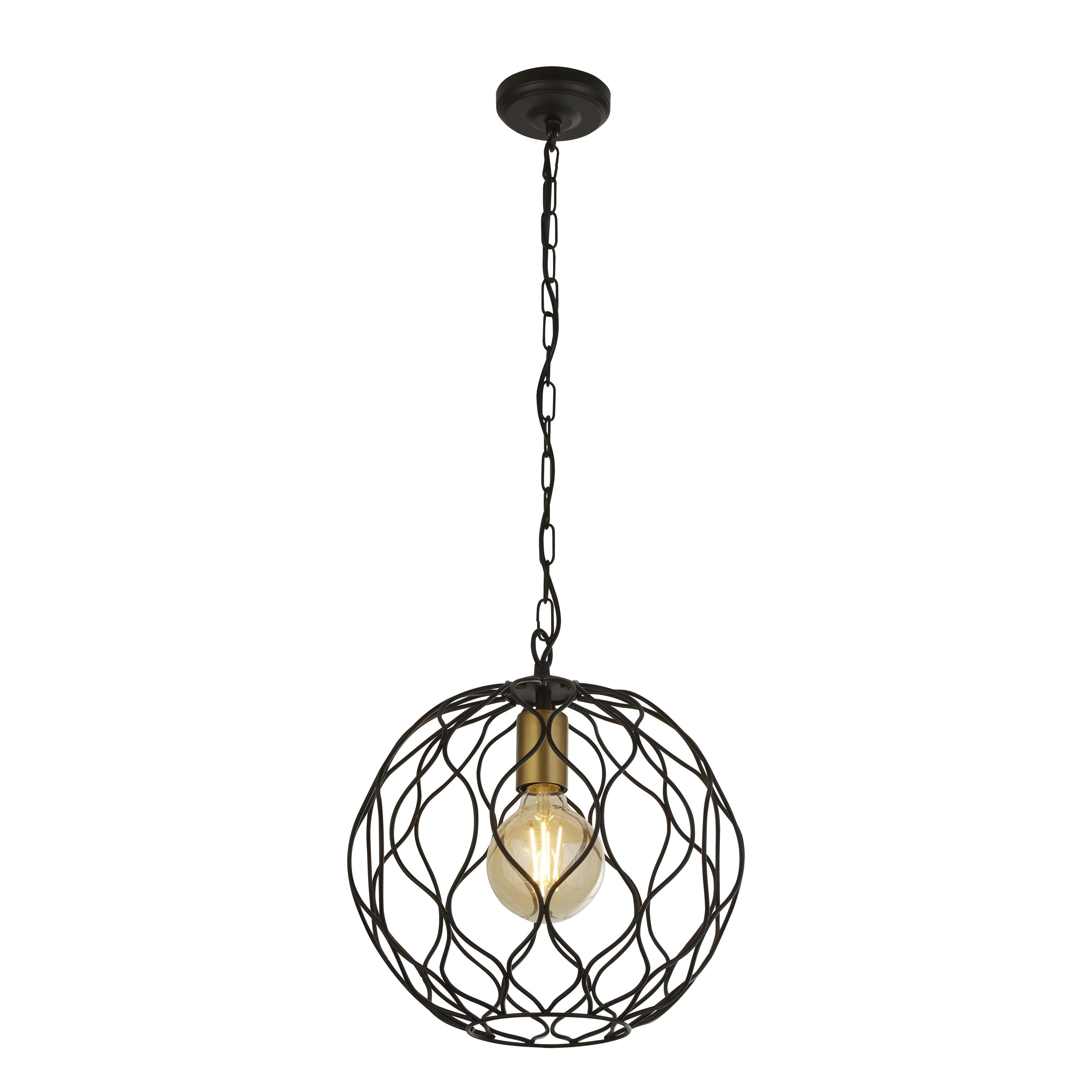 Searchlight Finesse pendant light, a matt black wire lattice globe shade with a brass lamp holder, hung on a black chain against a white studio background with the bulb lit