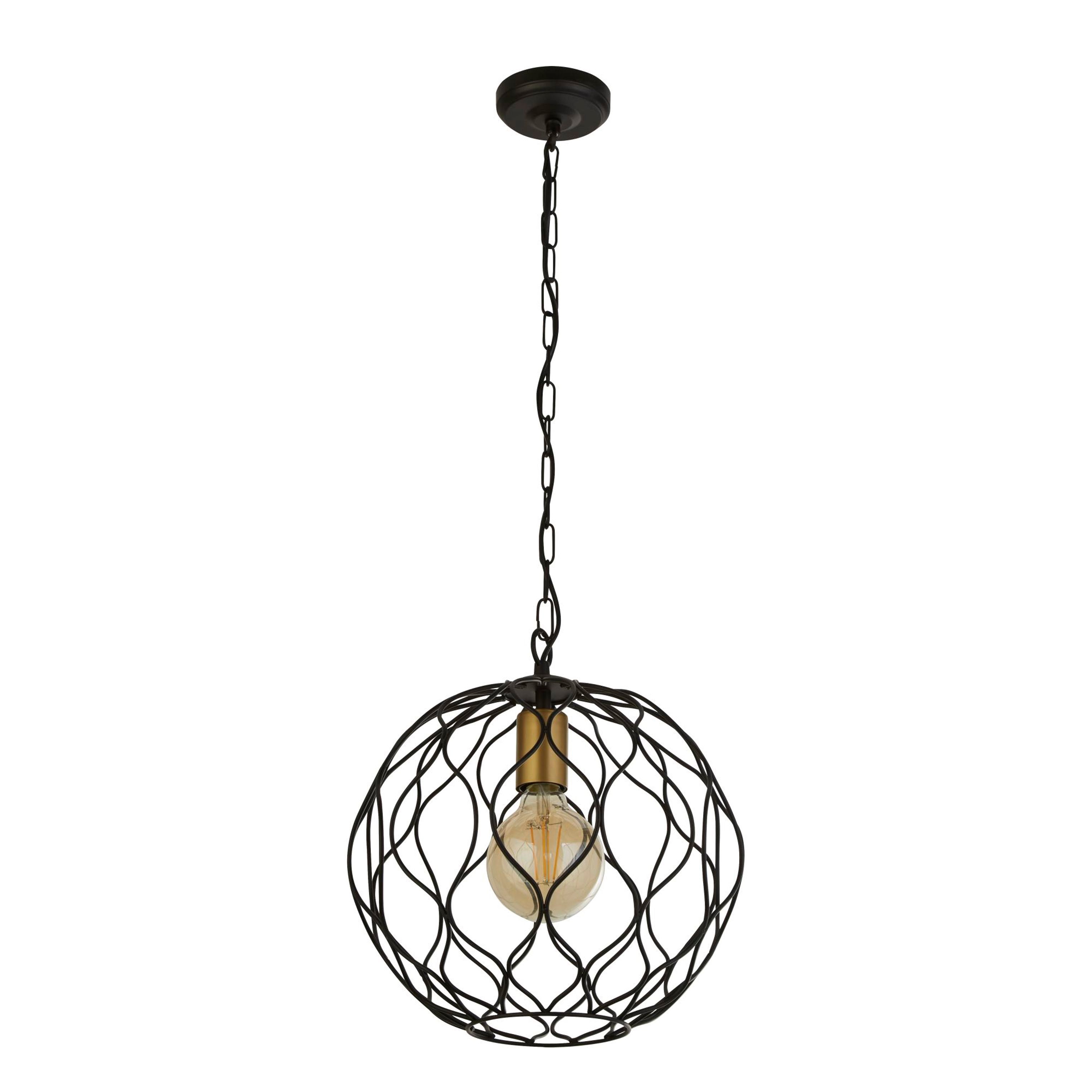 Searchlight Finesse pendant light shown from a slightly different angle, wire lattice globe shade in matt black with a warm glowing filament bulb visible inside