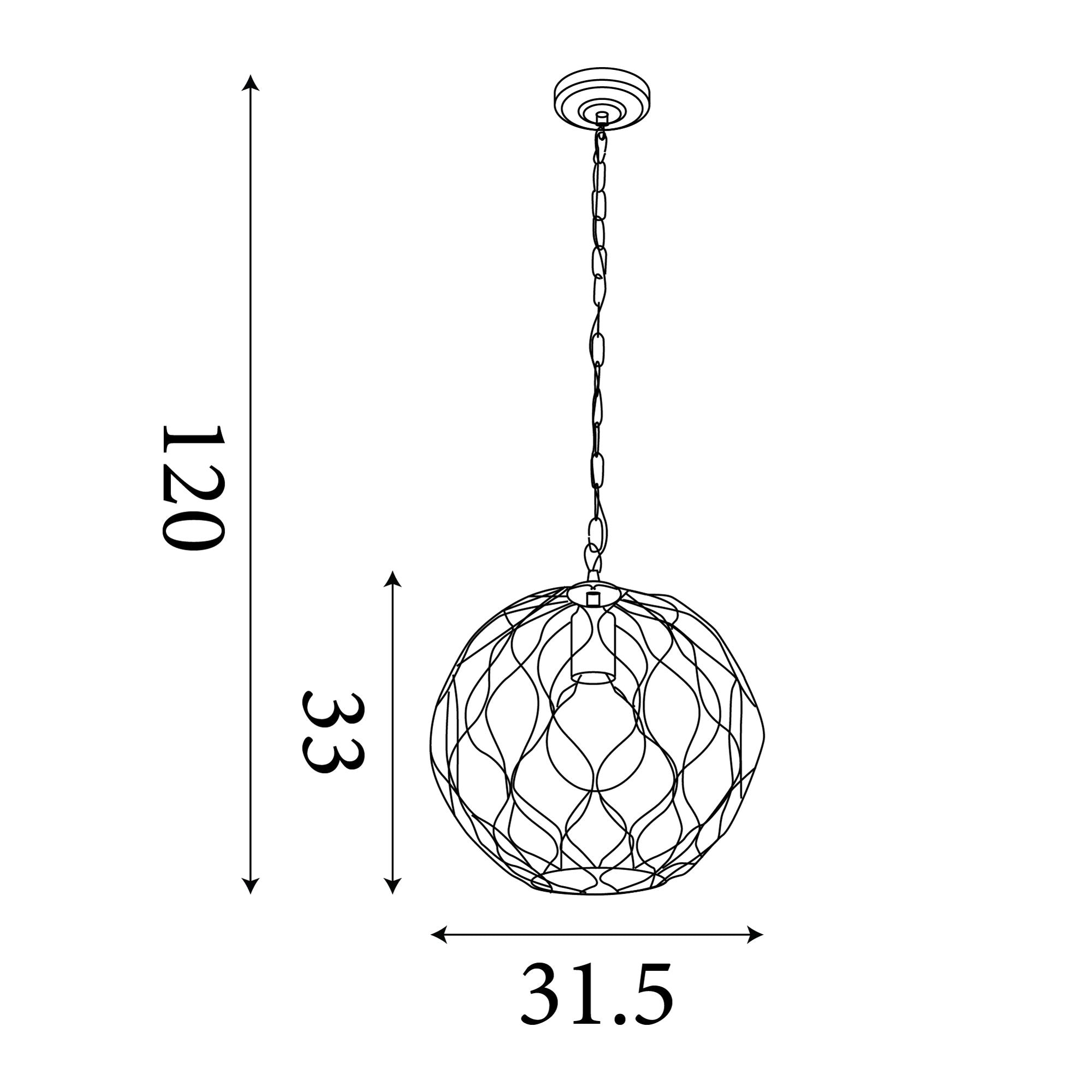 Technical line drawing of the Searchlight Finesse pendant showing a 31.5cm shade width, 33cm shade height, and a 120cm total drop