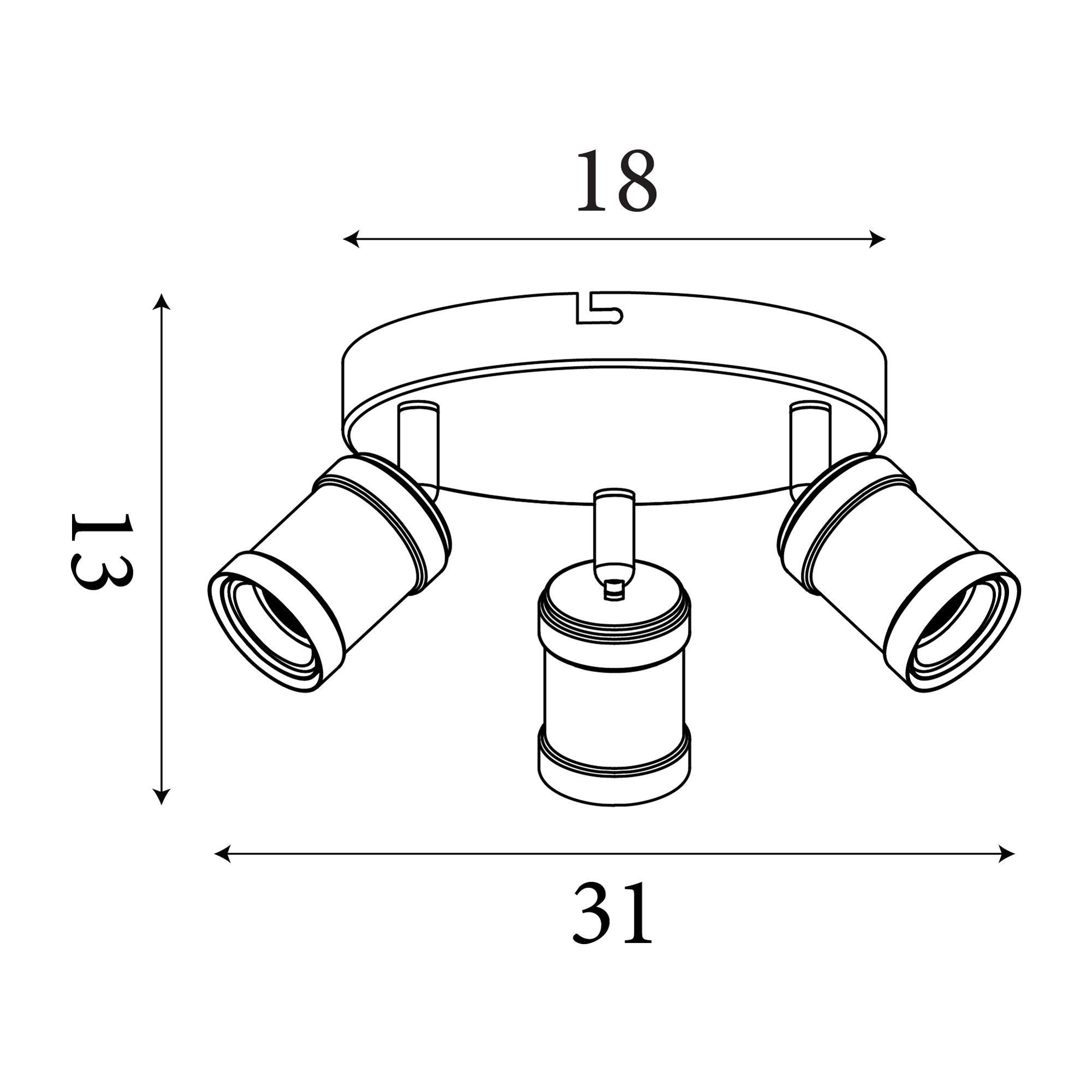 Technical line drawing of the Searchlight Dance 3 light flush ceiling light showing overall dimensions