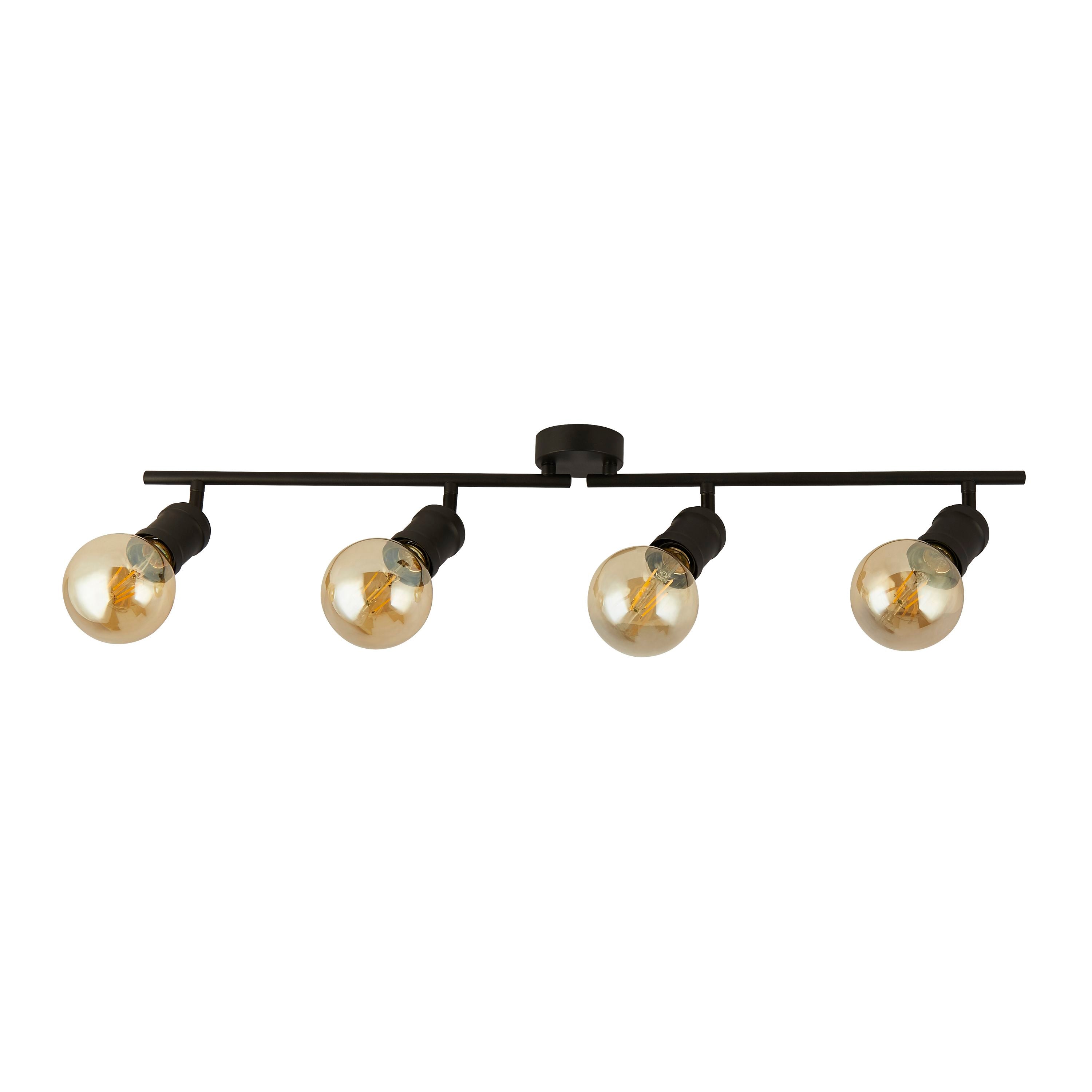 Searchlight Dance 4 light split bar spotlight in sand black, alternate studio angle showing the ceiling mount and four bulb holders