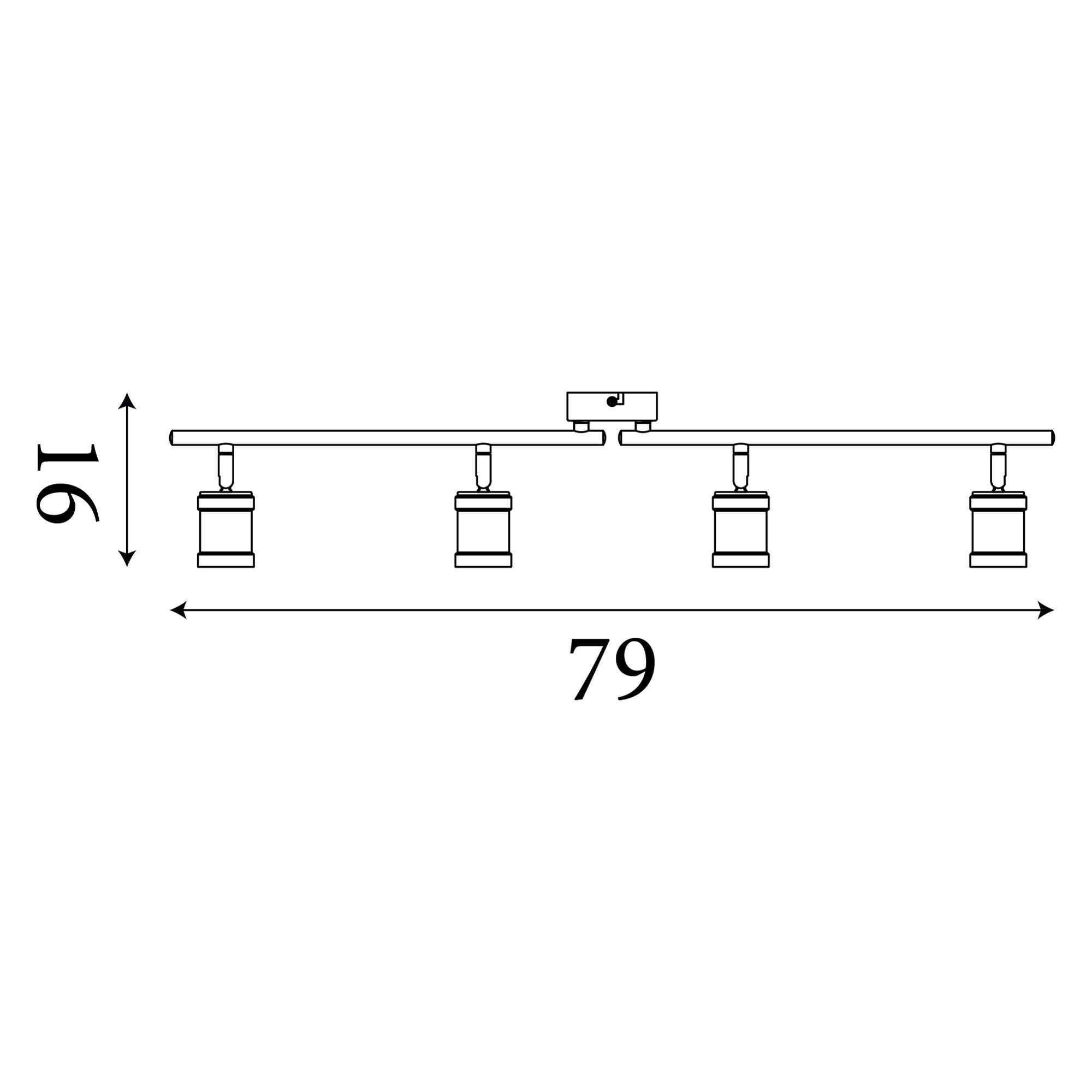 Technical line drawing of the Searchlight Dance 4 light split bar spotlight showing overall length and height