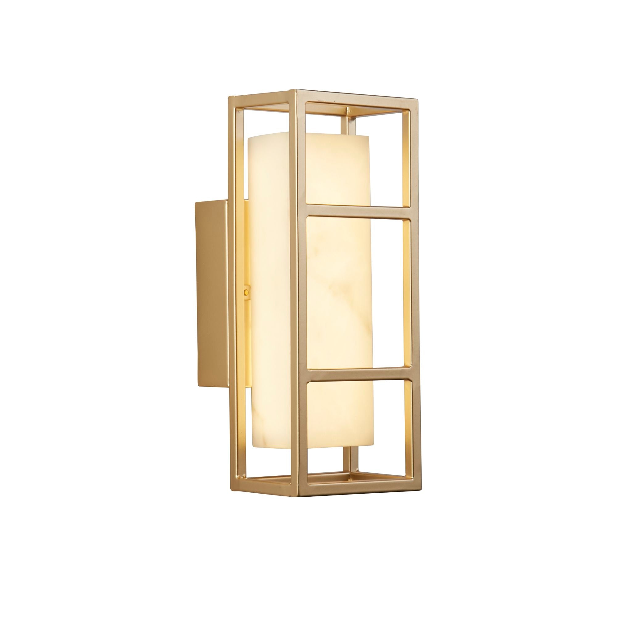 Searchlight Mirage LED wall light in matt gold, angled studio shot with the light on showing the open box frame and glowing marble effect resin cylinder