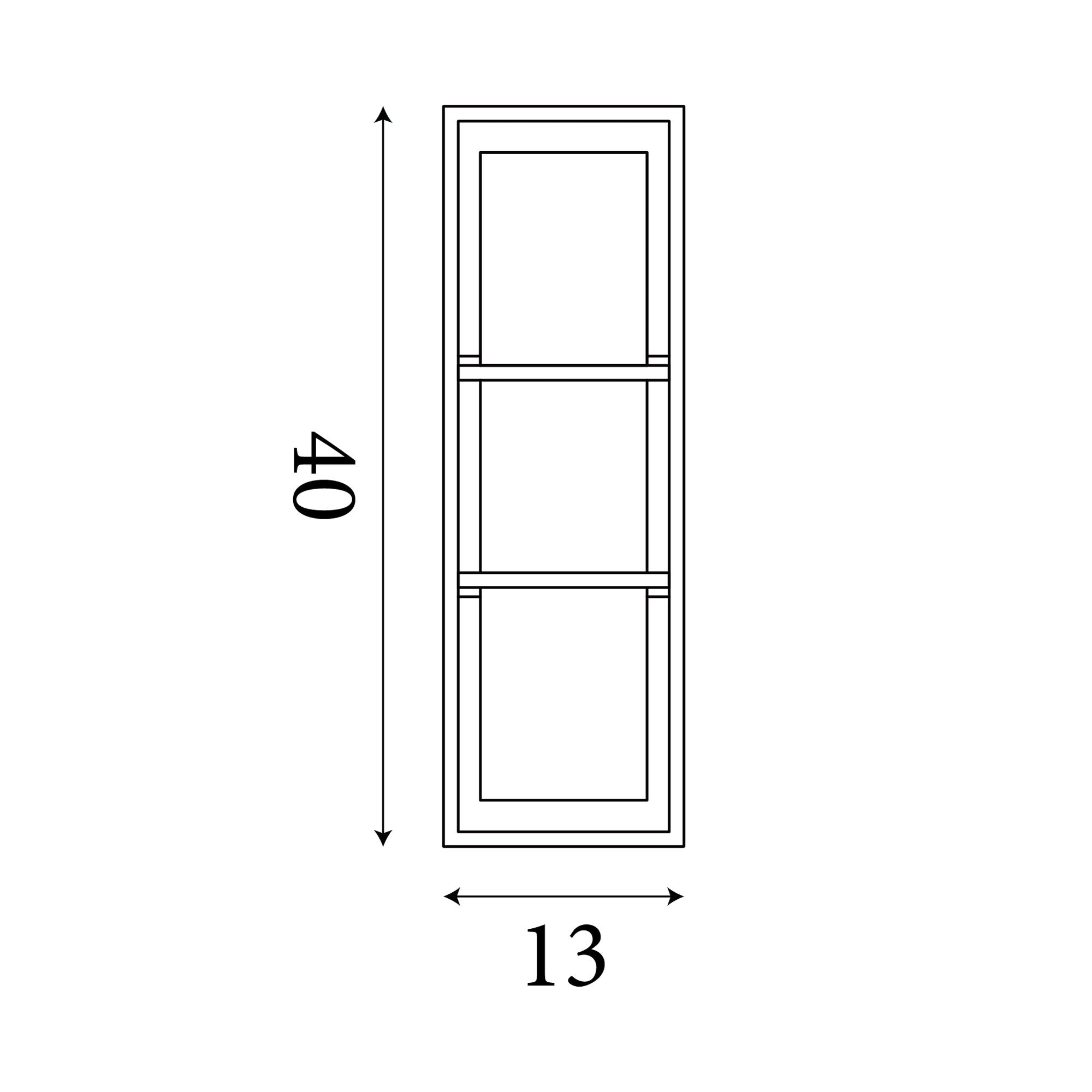Line drawing of the larger Searchlight Mirage LED wall light showing dimensions of 40cm in height and 13cm in width