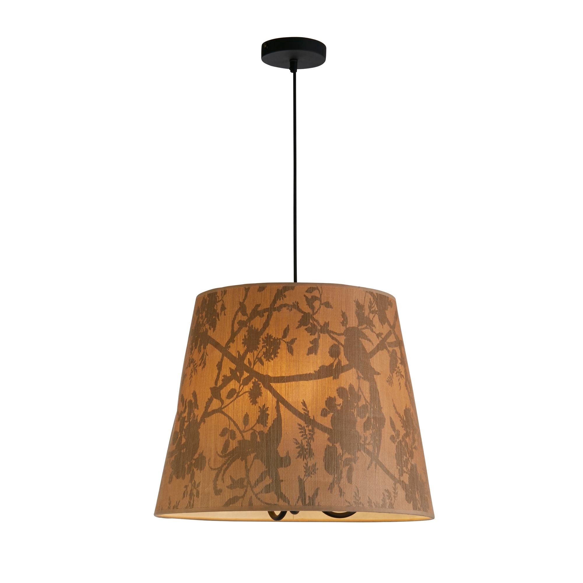 Searchlight Isla 3 light pendant with recycled paper shade in a leaf and branch print, black ceiling rose, studio shot on white background