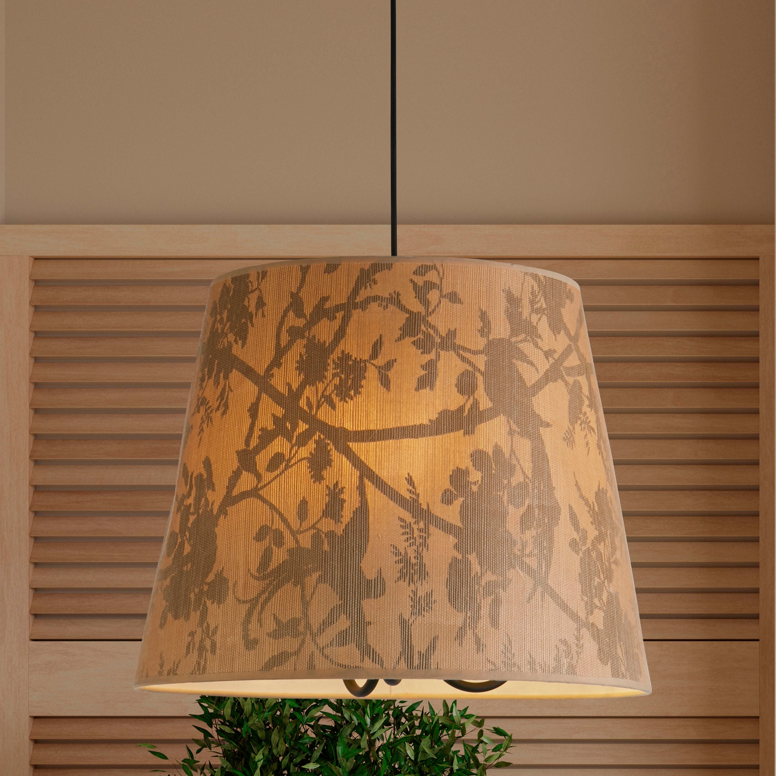 Searchlight Isla pendant styled above a leafy potted plant against a slatted wood panel wall