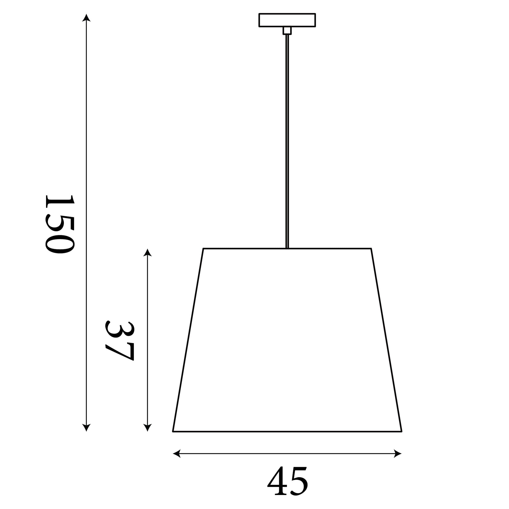 Technical line drawing of the Searchlight Isla pendant showing 150cm maximum drop, 37cm shade height and 45cm diameter
