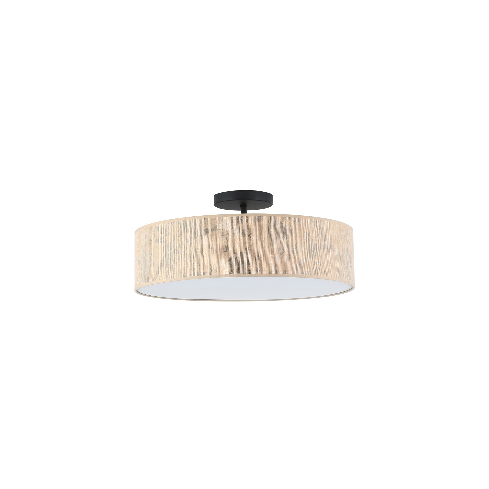 Searchlight Isla 3 Light Flush ceiling light shown at an angle, highlighting the leaf print pattern on the recycled paper shade and a black ceiling canopy, studio shot on white background