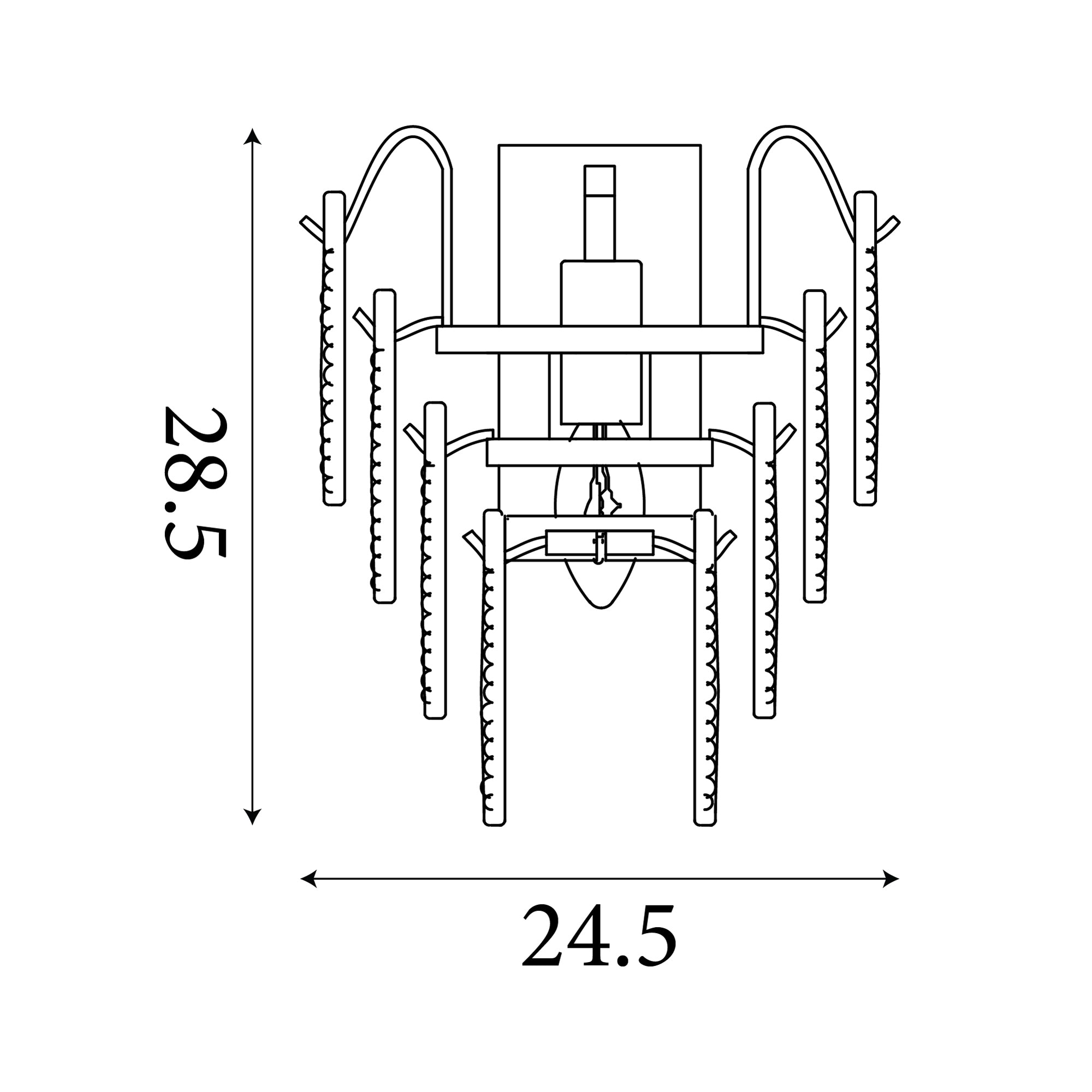 Technical line drawing of the Searchlight Feather wall light showing dimensions of 28.5cm high and 24.5cm wide