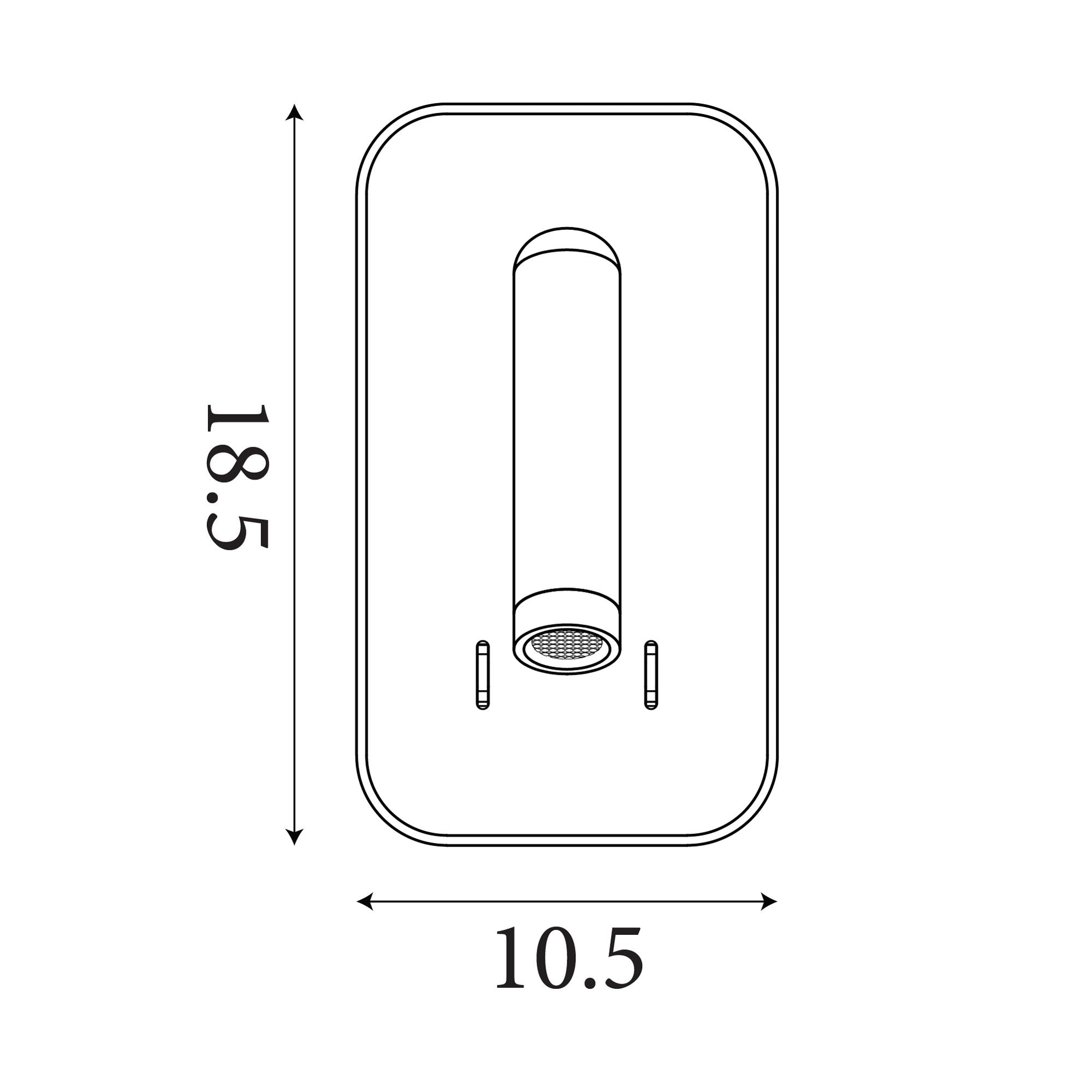 Technical drawing of the Searchlight Sonny LED Wall Light showing dimensions of 18.5cm height and 10.5cm width