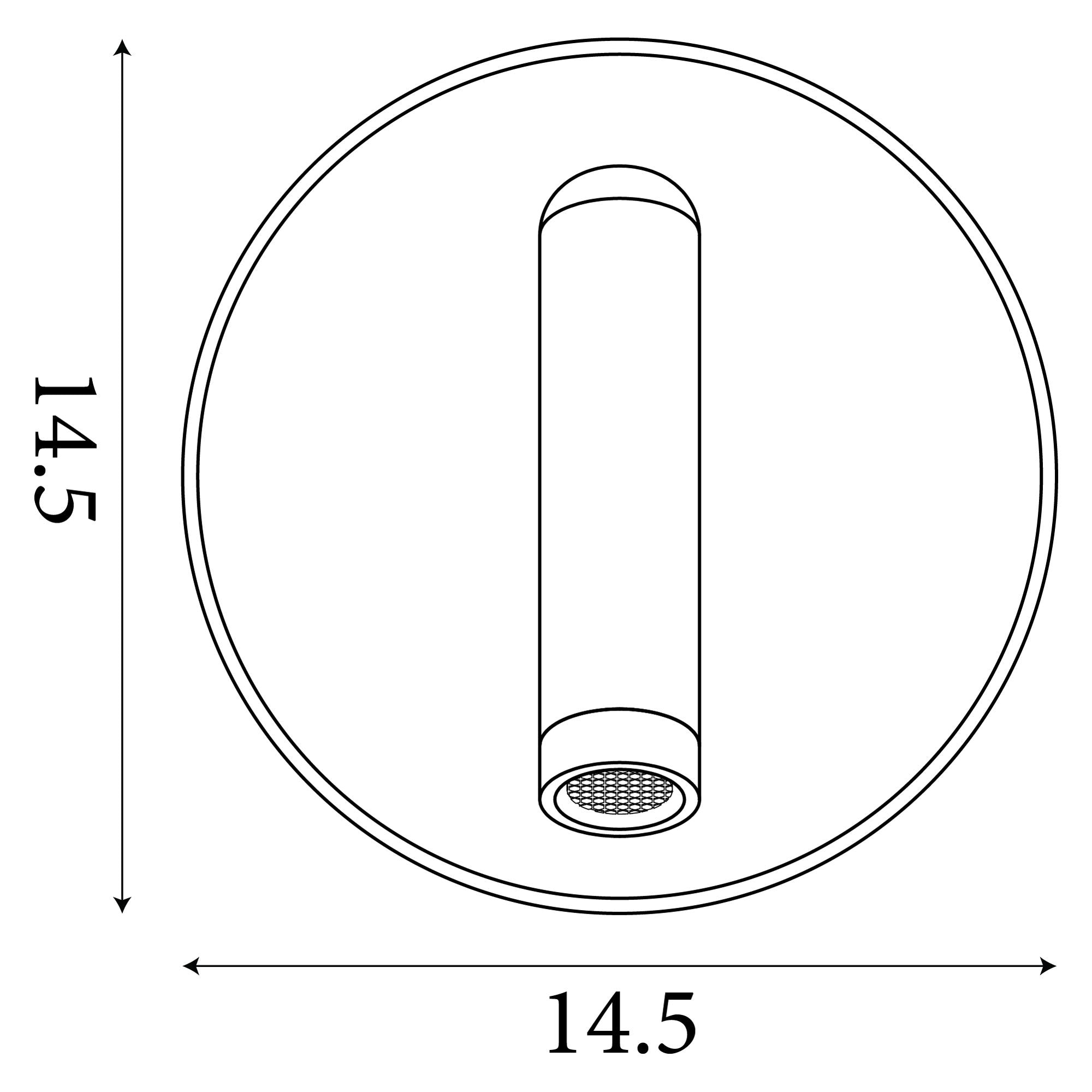 Technical line drawing of the Cher wall light showing its 14.5 by 14.5cm circular backplate dimensions